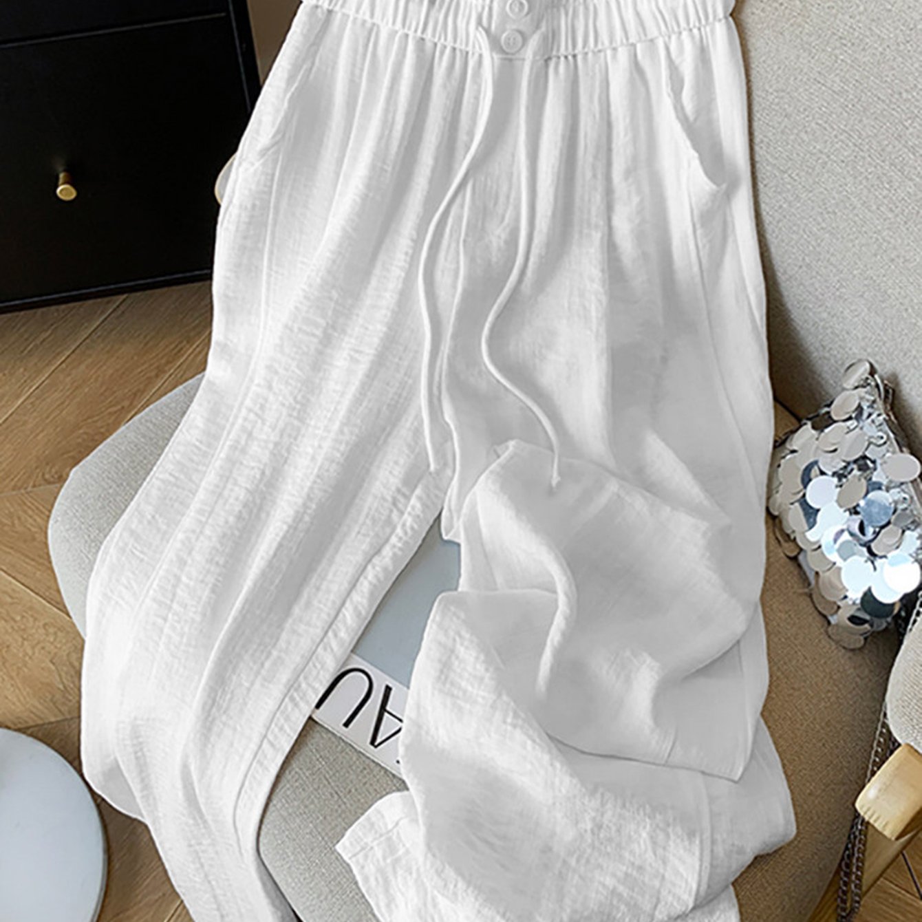TEMU Simple Vintage White Women's Drawstring Straight-leg Pants Ytd Cherry
