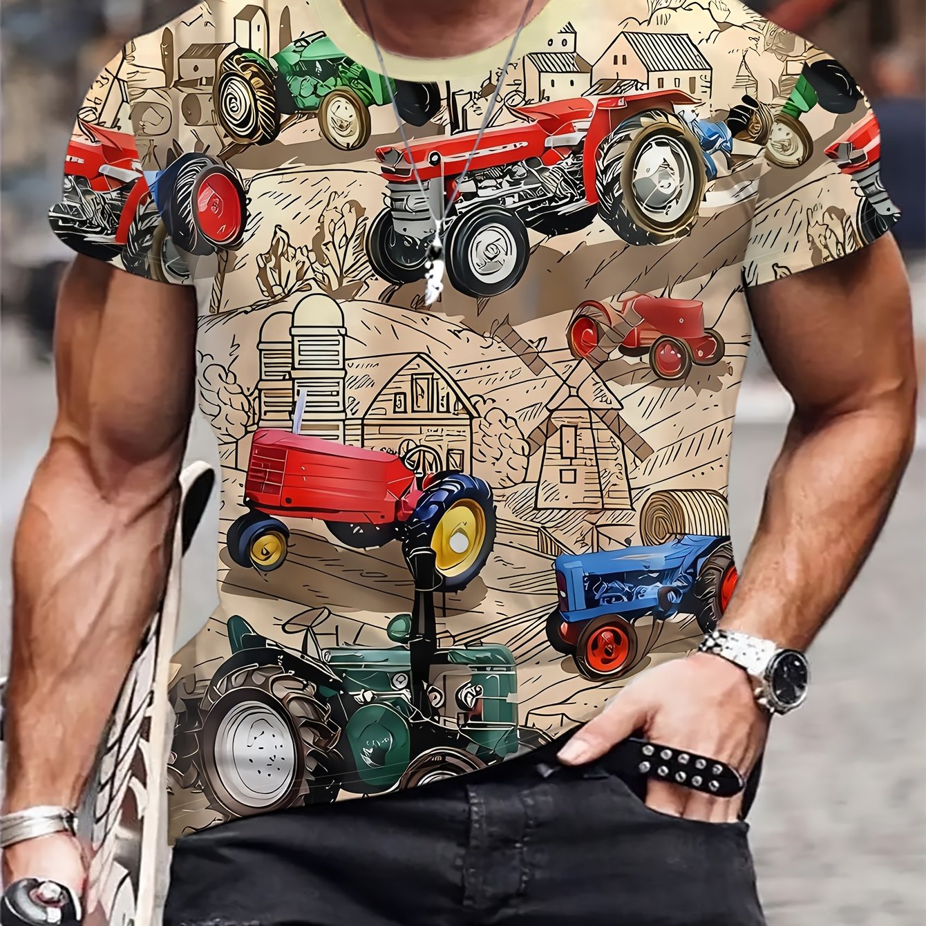 TEMU Cartoon Farm Tractor Print T-shirt