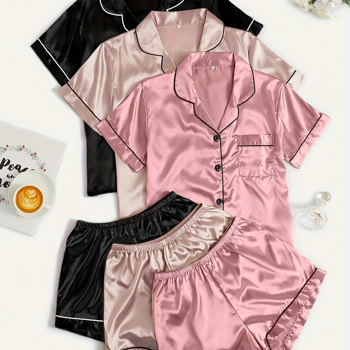 TEMU Casual, Fashionable, And Comfortable 6pcs Set In 3 Colors: Solid, Plain, Satin, And Satin Trim Short-sleeve Shirt & Elastic Waist Shorts Pajama
