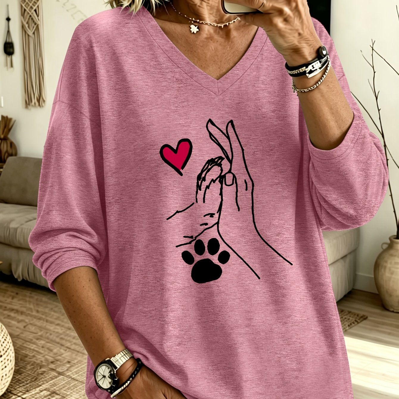 TEMU Damen-Freizeit-T-Shirt in Übergröße, neuer Frühjahr/Sommer-Modetrend, mit V-Ausschnitt, langen Ärmeln „ mit Hund“-Aufdruck, Rayon-/-Mischung –