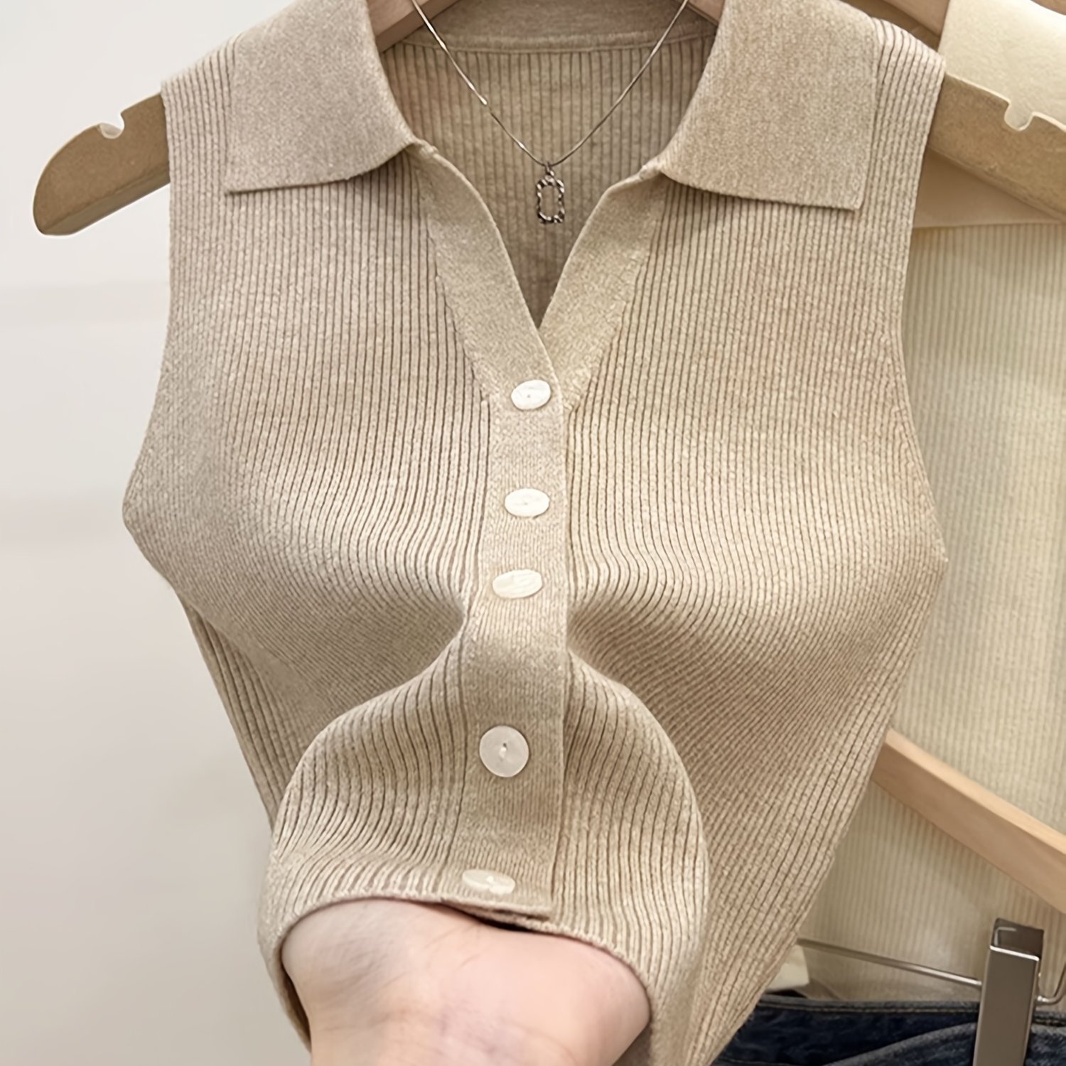 TEMU 여성 여름 시크 아이스 민소매 폴로 칼라 슬림핏 캐미솔