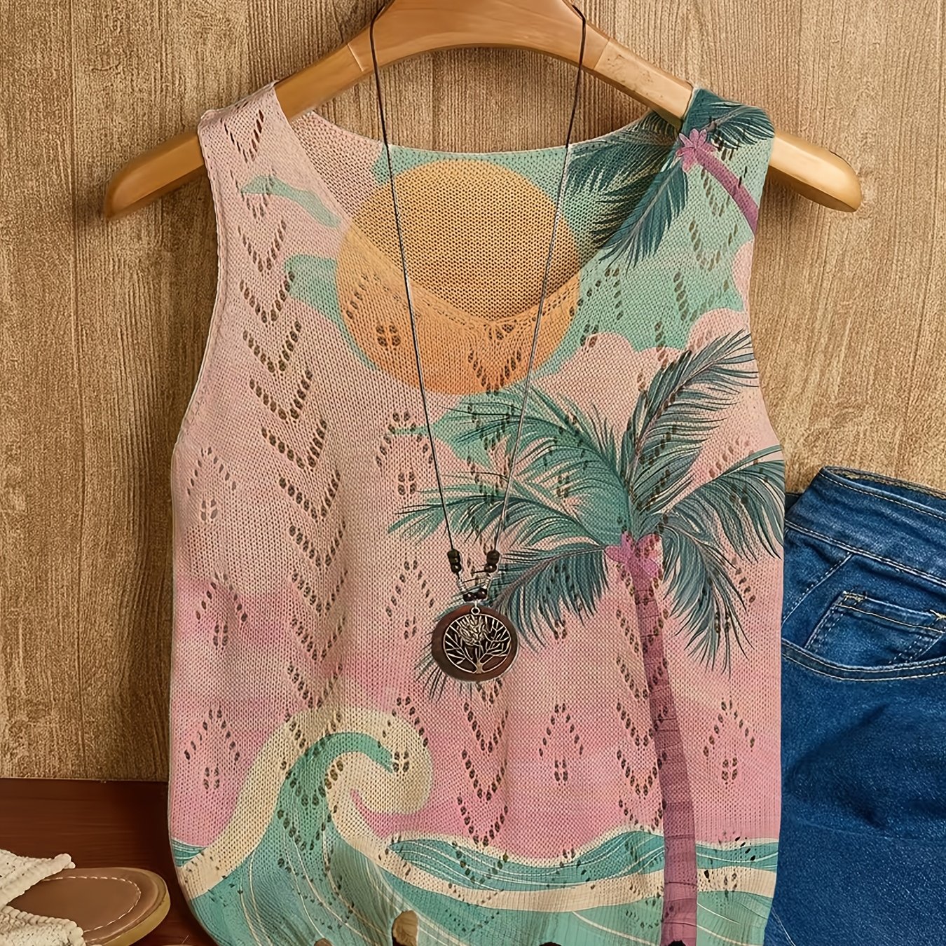 TEMU Summer Bohemian, Fashionable New Stylish Versatile Pullover Lace-up Vest, Women's Top Pattern Flat , Full Lace-up Printed Piece, Trendy Women's