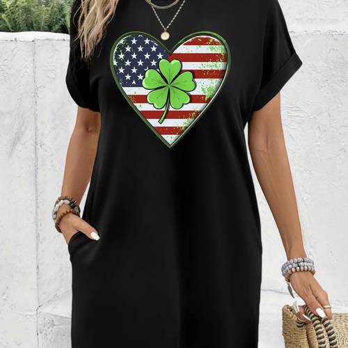 printed t shirt dress short sleeve round neck casual heat press dress suitable for summer and spring womens clothing