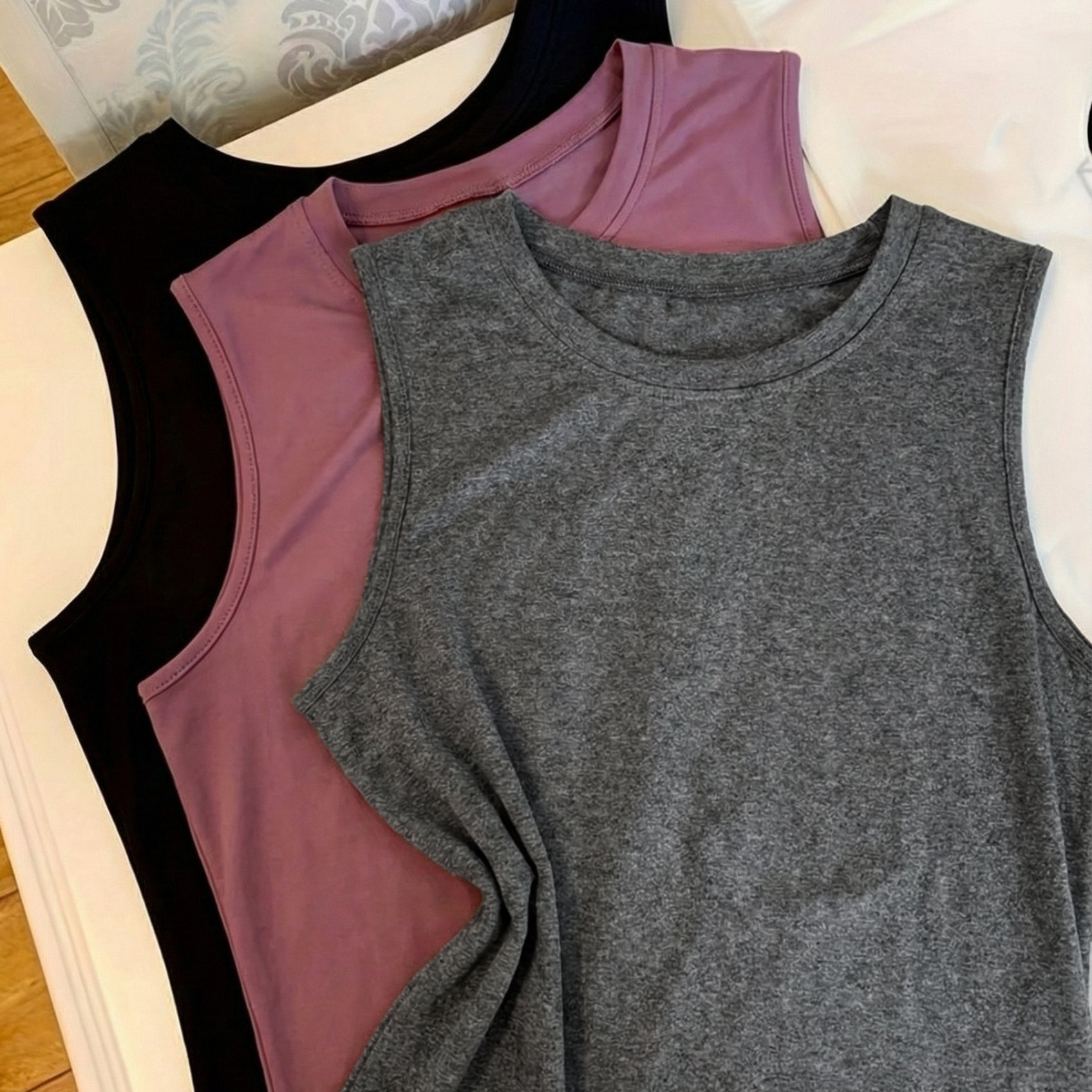 TEMU Women’s Spring Summer Trend Solid Color Three-piece Set Vest Casual Versatile Simple Round Neck Letter Print Vest T-shirt