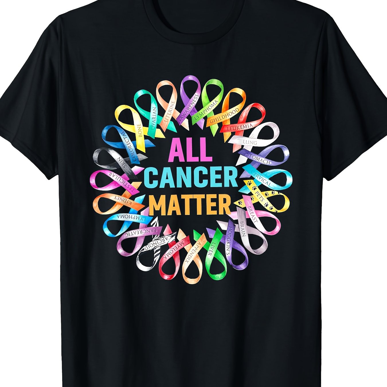 Men's & Women's T-shirt - Heavyweight 220gsm 100% Cotton Awareness Ribbon Design (breast, Lung, Ovarian, Prostate, Leukemia) - Black With Color-coded Ribbon & C, Retro Unisex Tee For Casual & Survivor