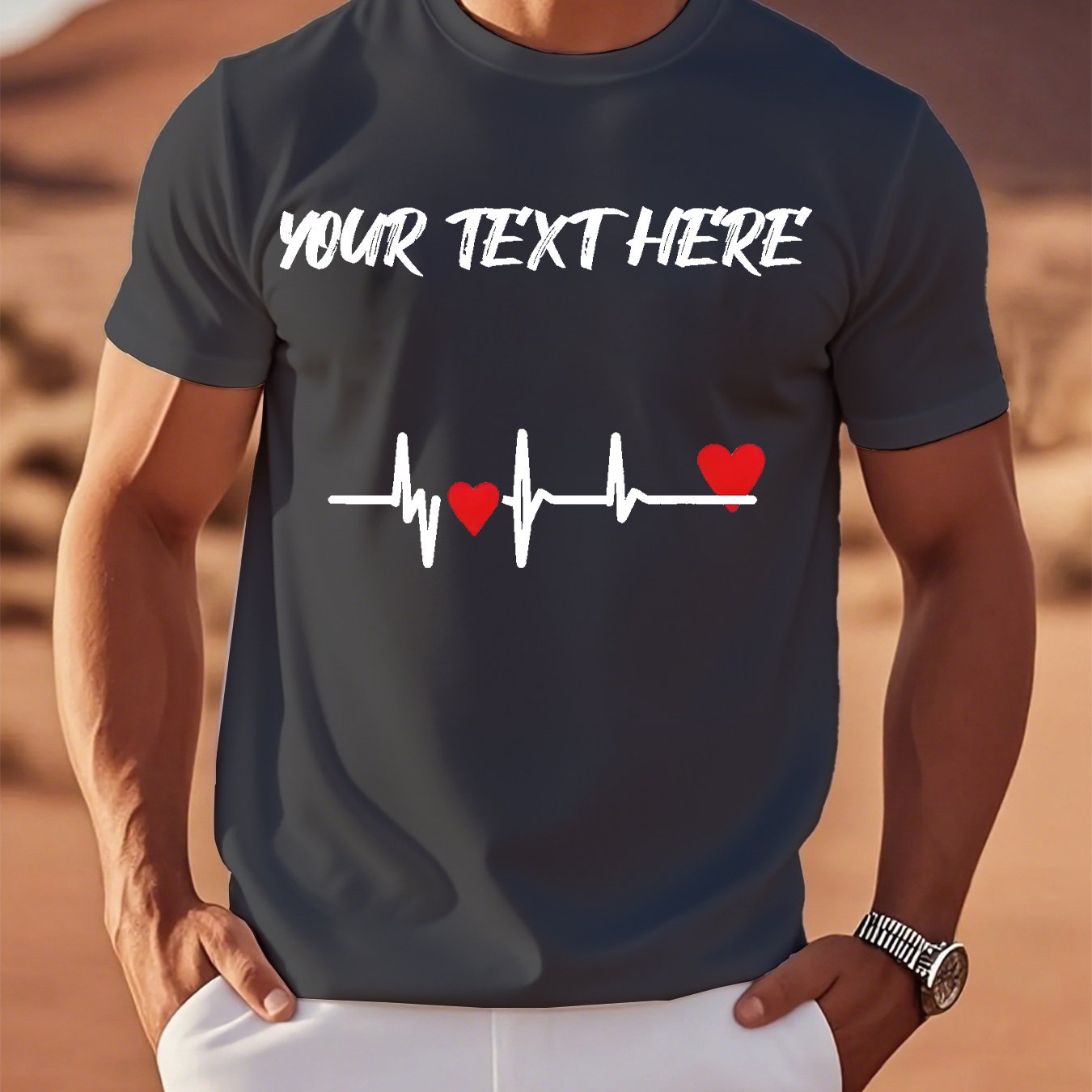 TEMU Custom Men's T-shirts, Personalized Text Name With Heart Symbol, Artistic , Polyester White Ink Print, Round Neck Sports Casual T-shirt -
