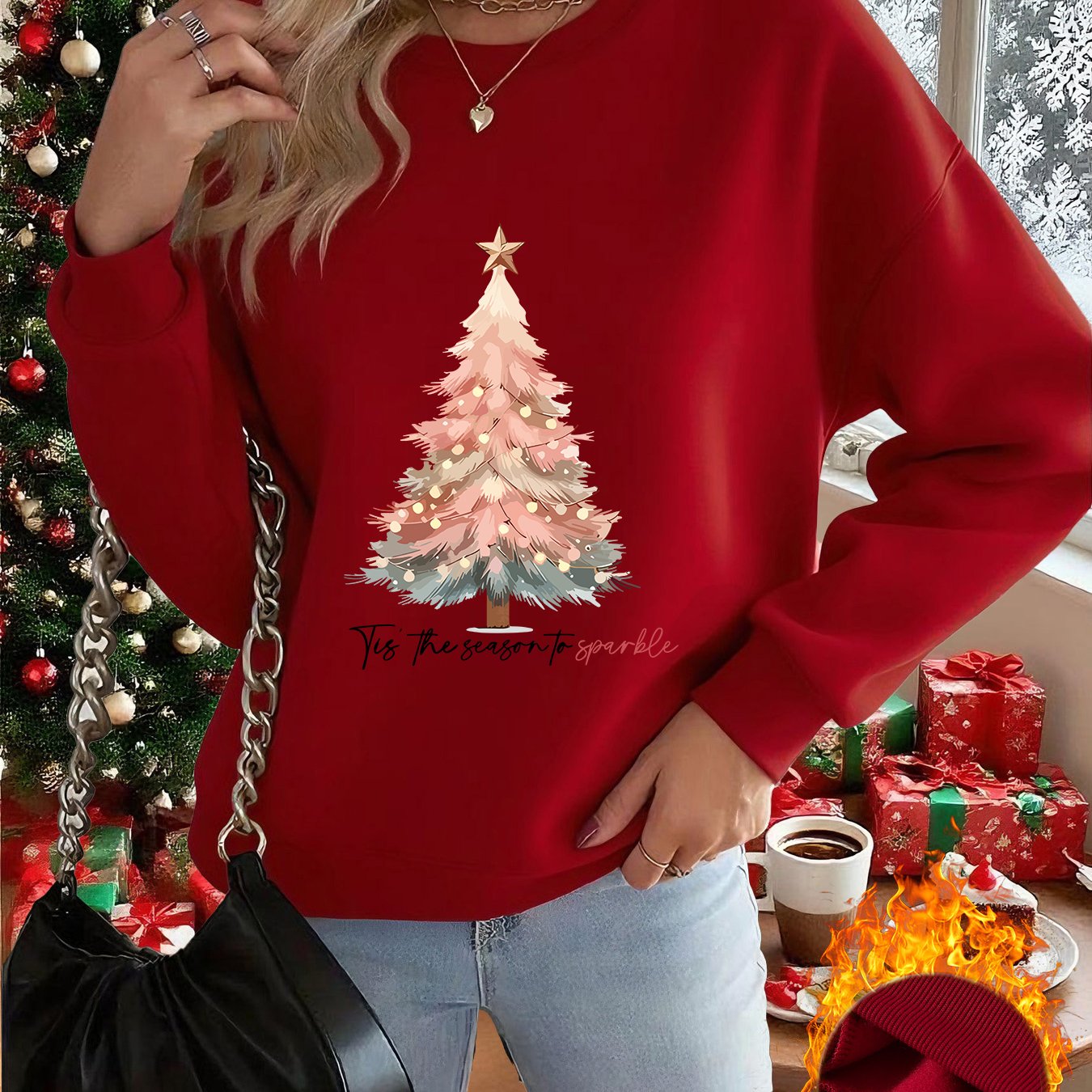 TEMU 1pc Autumn/winter New Pullover Crew Neck Sweatshirt - Pink Christmas Tree Pullover Crew Neck Sweatshirt Fashionable Elegant Interesting