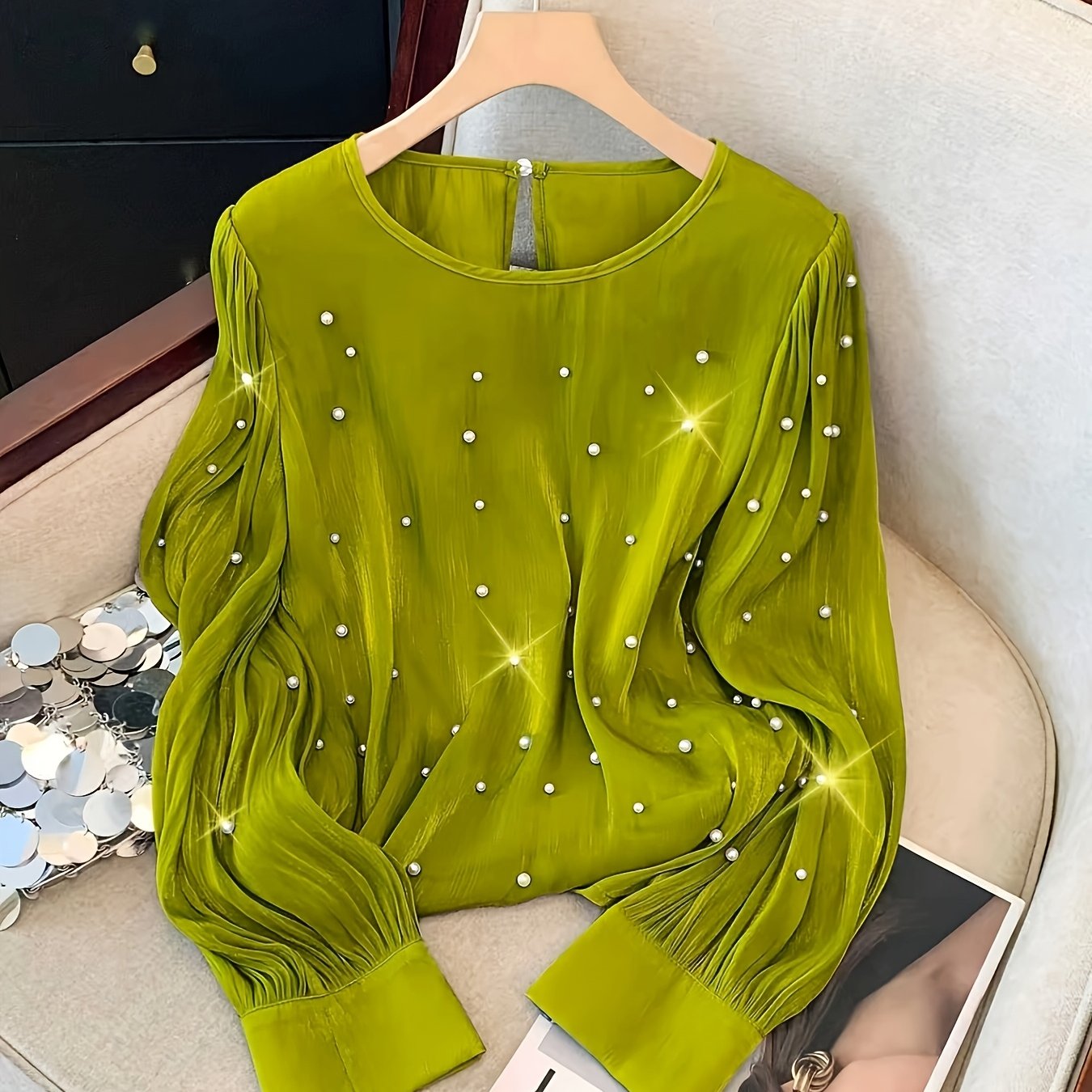 TEMU Grande Taille - Développement Mode Transfrontalière Couleur Unie Manches Plissées Perles Chemise Grande Taille