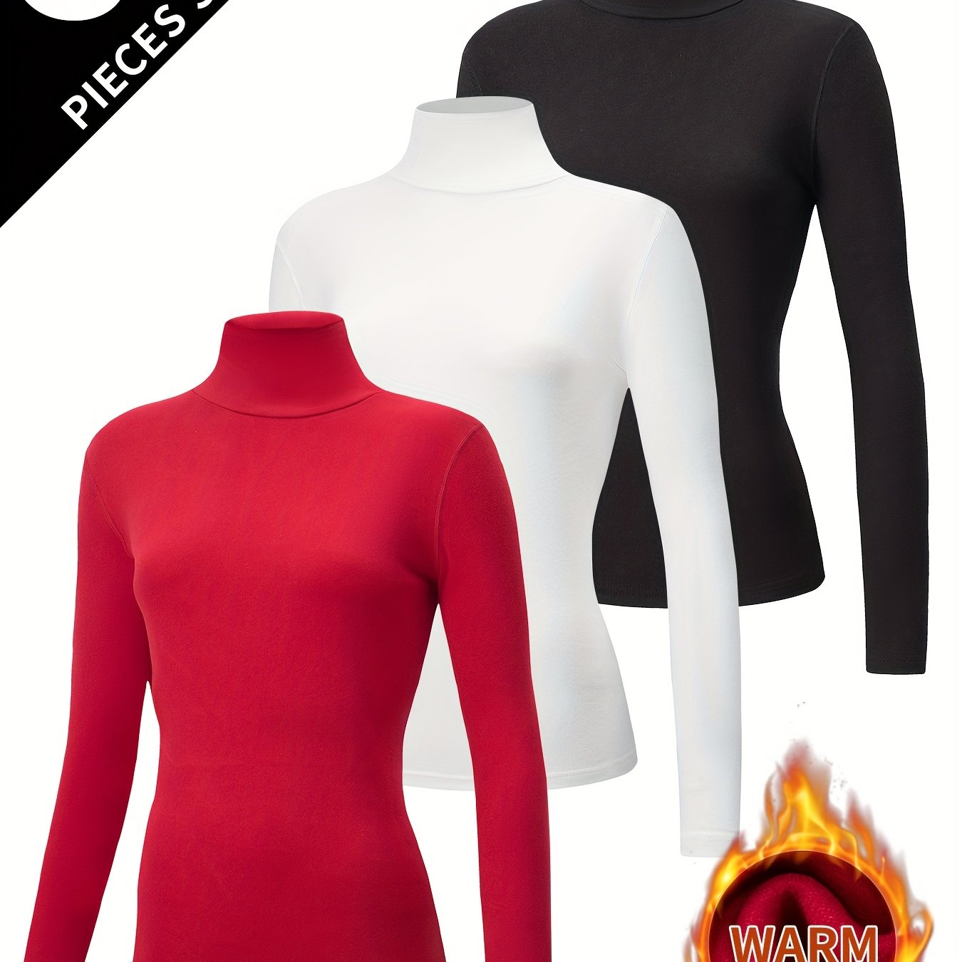 3pcs Women's Warm Top Long Sleeve High Neck Base Layer High Neck Autumn Vest Tight Inner Base Layer Winter