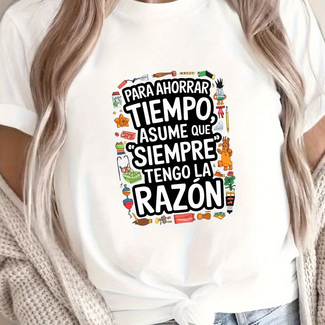TEMU Camiseta con Estampado de Humor Español, Manga Corta y Cuello , Top Casual para Verano y , Ropa de Mujer