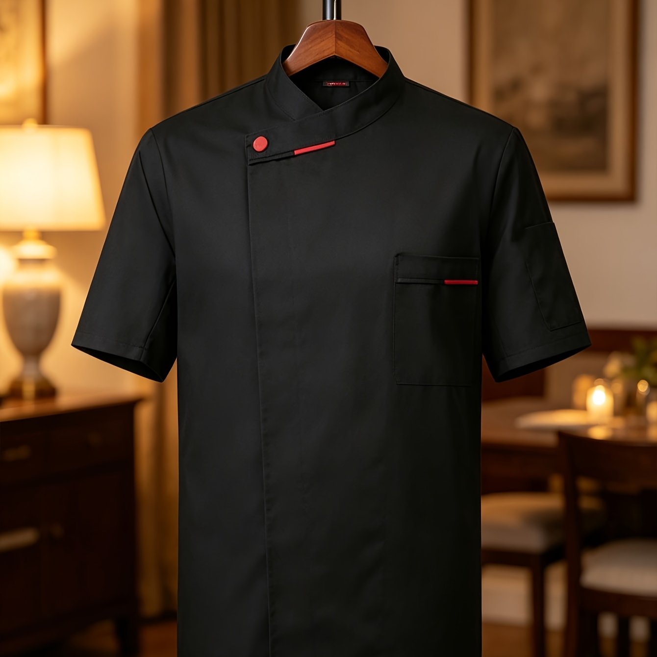 TEMU Summer Men's Short-sleeve Chef Coat Shirt With Pockets, Polyester Fiber Material, Comfortable And Breathable, Suitable For Hotel Kitchens And