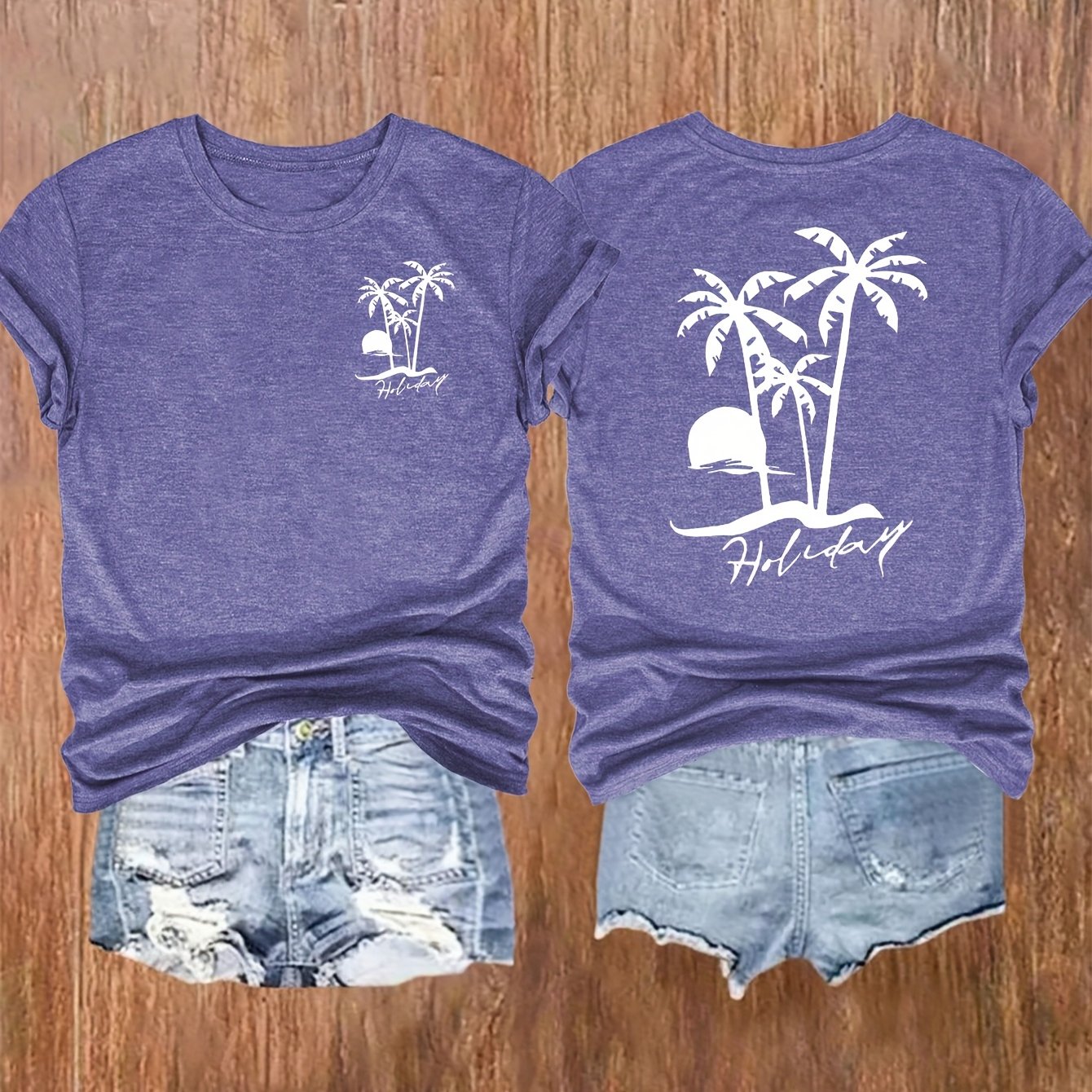 TEMU Women's Beach Short-sleeved Double-sided Printed Round Neck Summer T-shirt Suitable For Spring, Summer, And Autumn, Fashionable Commuting
