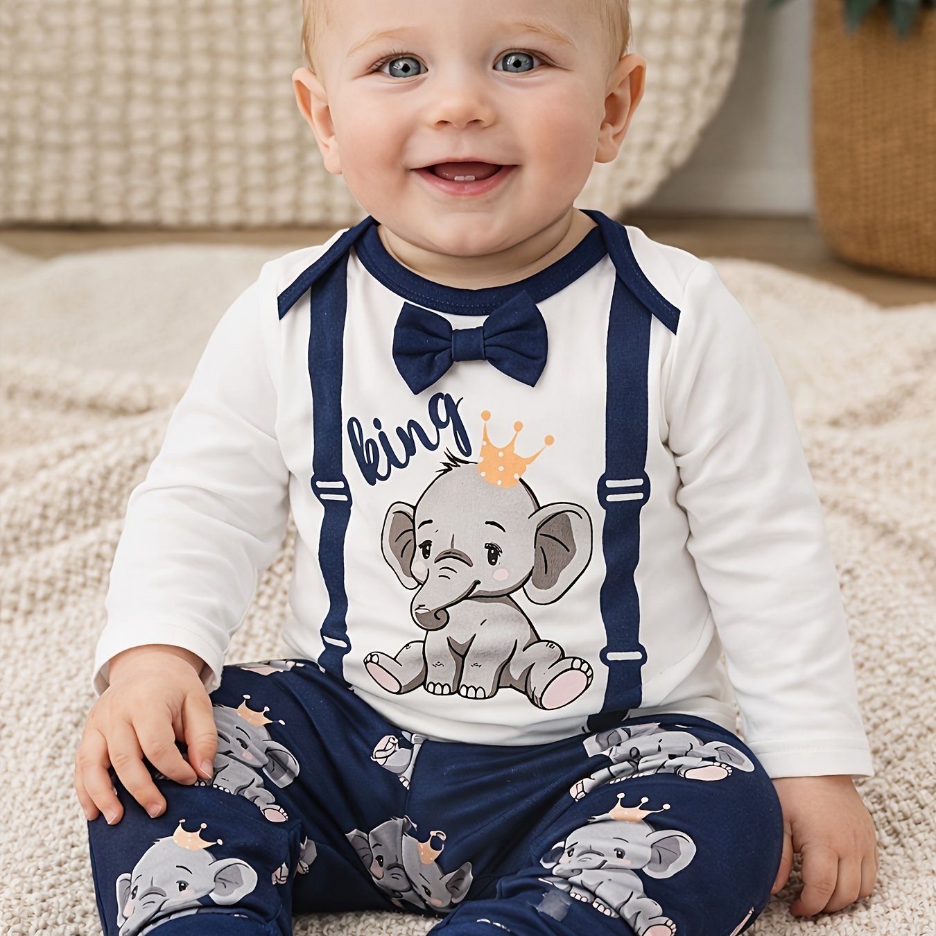 Image of Hibobi Baby Boy Cute Cartoon Elephant Print Long Sleeve Romper And Pants Set, For Outdoor