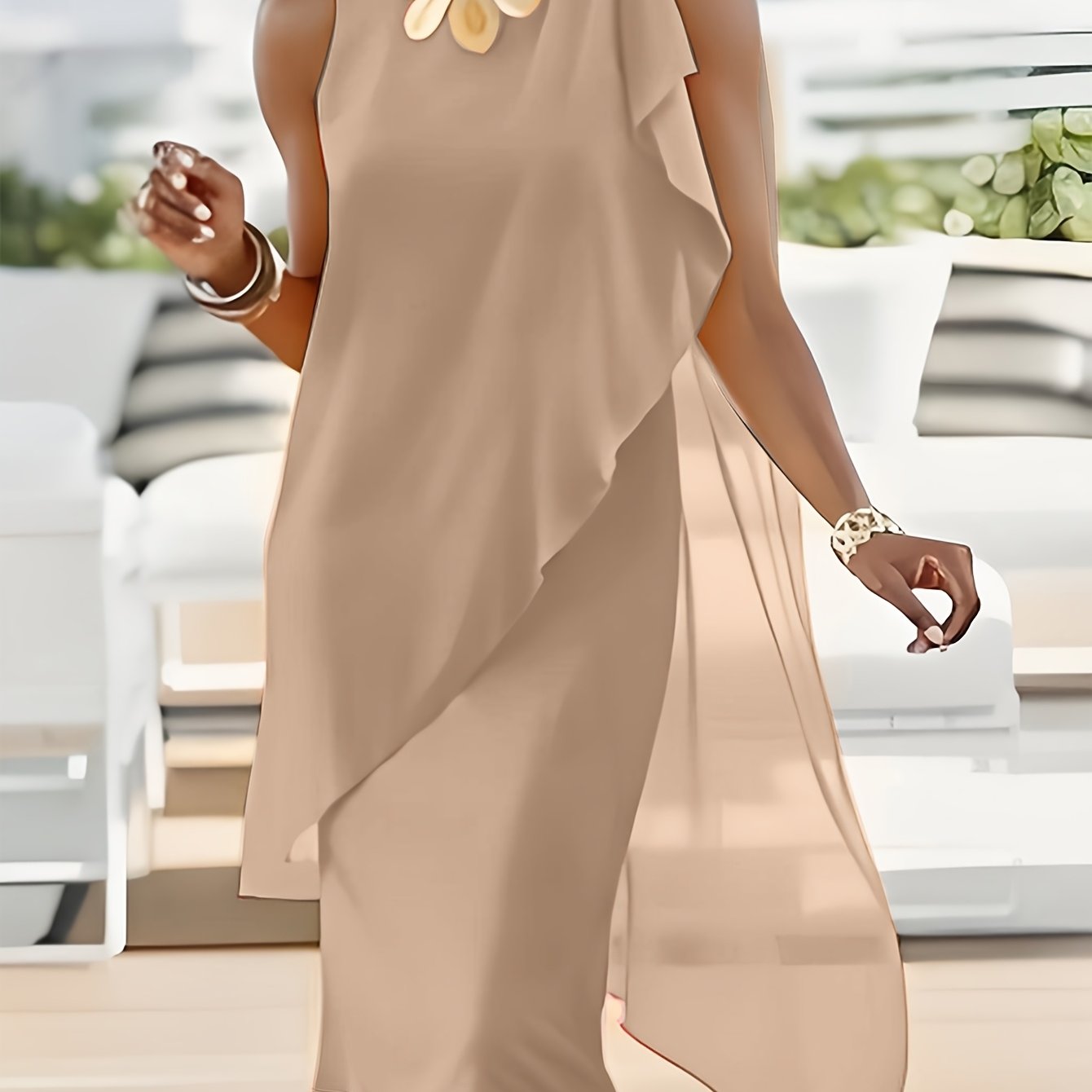 TEMU Elegant Solid Irregular Chiffon Two-piece Dress Sleeveless Round Neck Skirt
