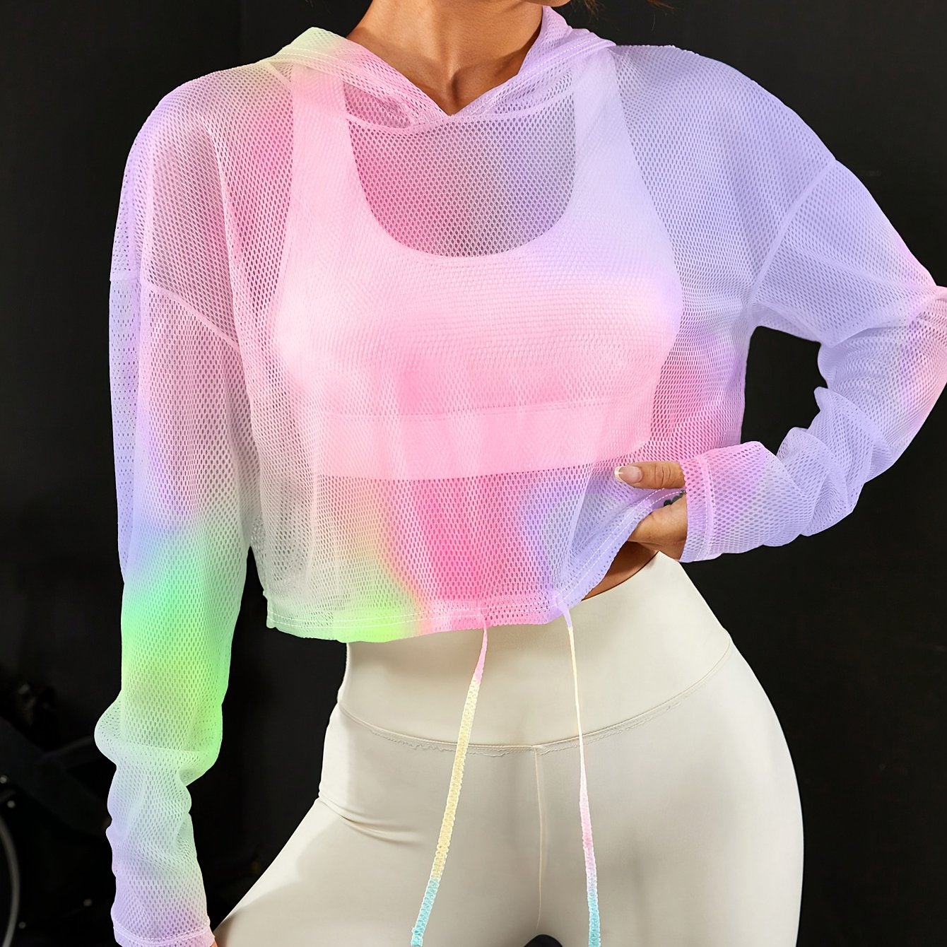 Women's Oversized Breathable Hooded Long-sleeve T-shirt Suitable For Sports & Casual Wear - Gradient Mesh Top With Hood, Loose Fit, Machine Washable, Layering Piece (tie-dye)