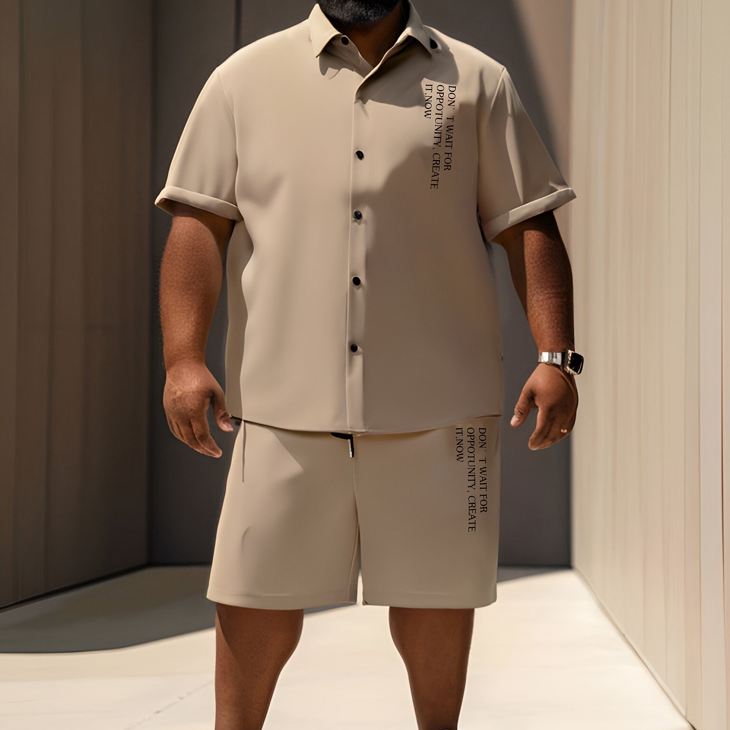 Plus Size Men's Summer Set: Lapel Short Sleeve Letter Iron-on Print Open Front Shirt With Drawstring Slant Pocket Shorts, Casual 2pcs Set, Plus Size