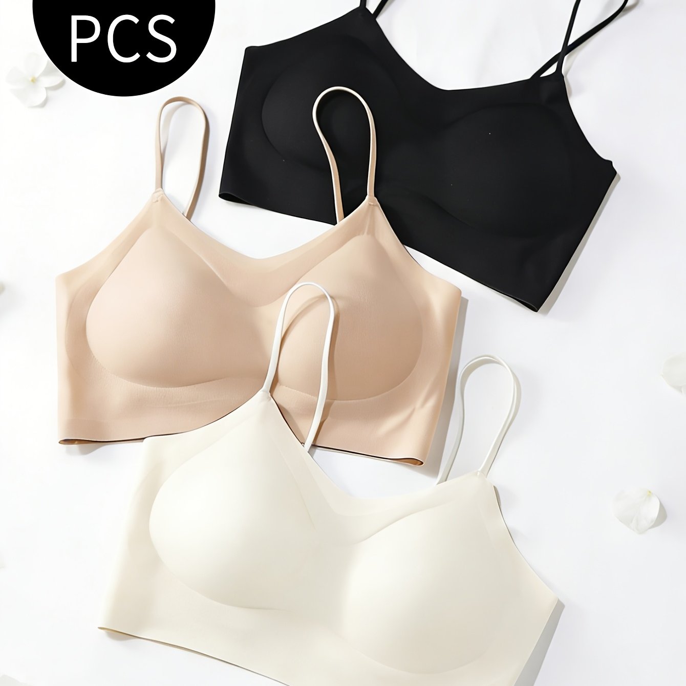 TEMU 3pcs Set Of Thin, Breathable, Comfortable And Seamless Women's Underwear Without Steel Rings, Thin Shoulder Straps, Fixed Cups, Gathered , Solid