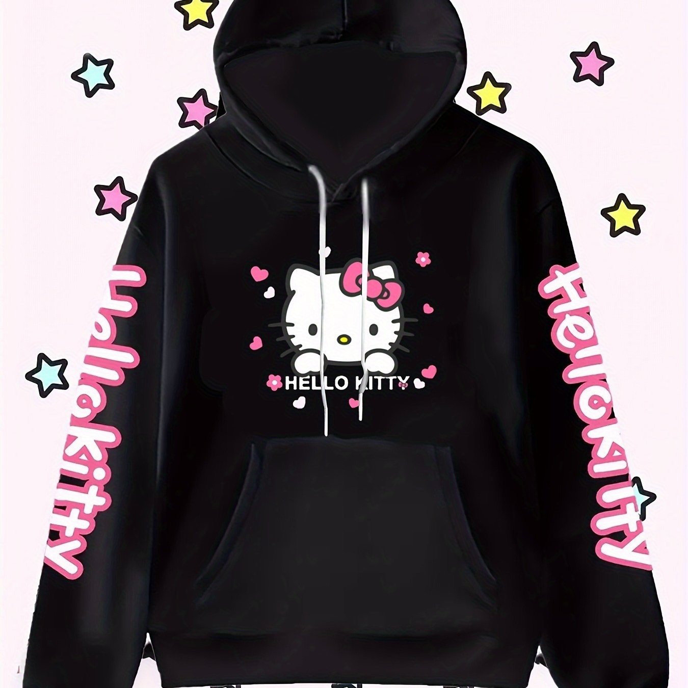 Image of For Hello Kitty Women's Fashion Hoodie - Cozy Fleece Pullover With Drawstring Hood, Front Pocket, Black With Colorful , Perfect For Fall/winter