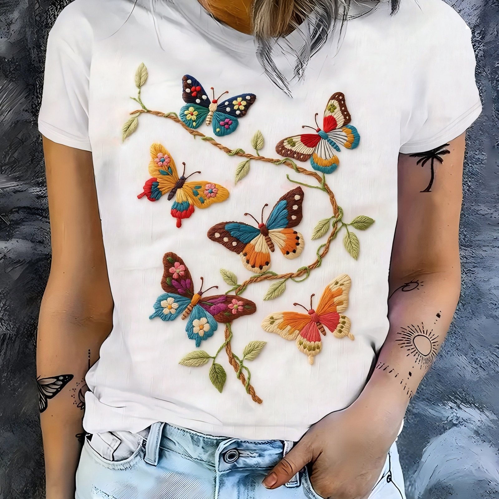 TEMU Forest-style Wreath Short-sleeve T-shirt, Crew Neck Loose-fit White Top, Artistic Retro Gentle Style Niche Design Tee