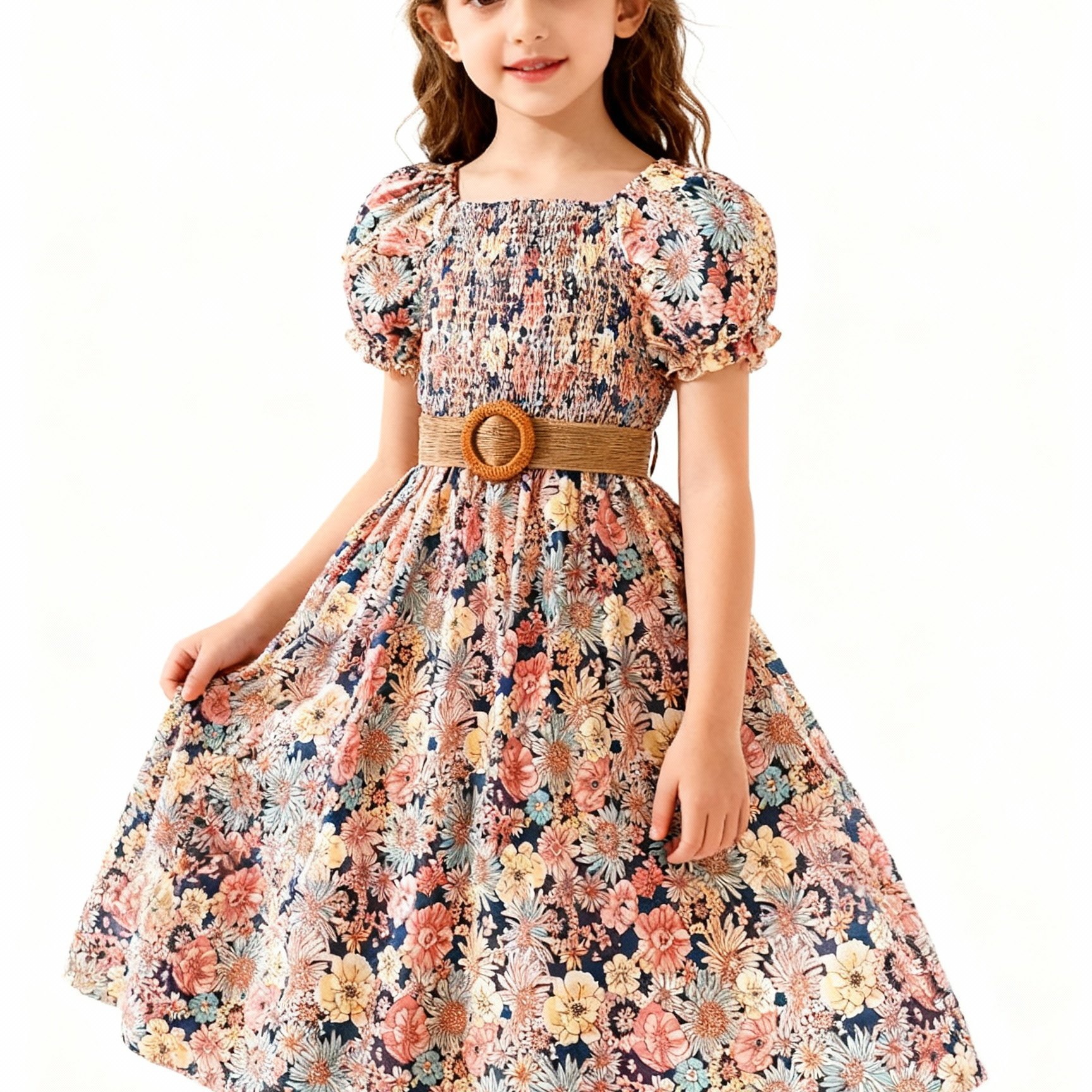 Bubble Sleeve Print Dress For Older Girls