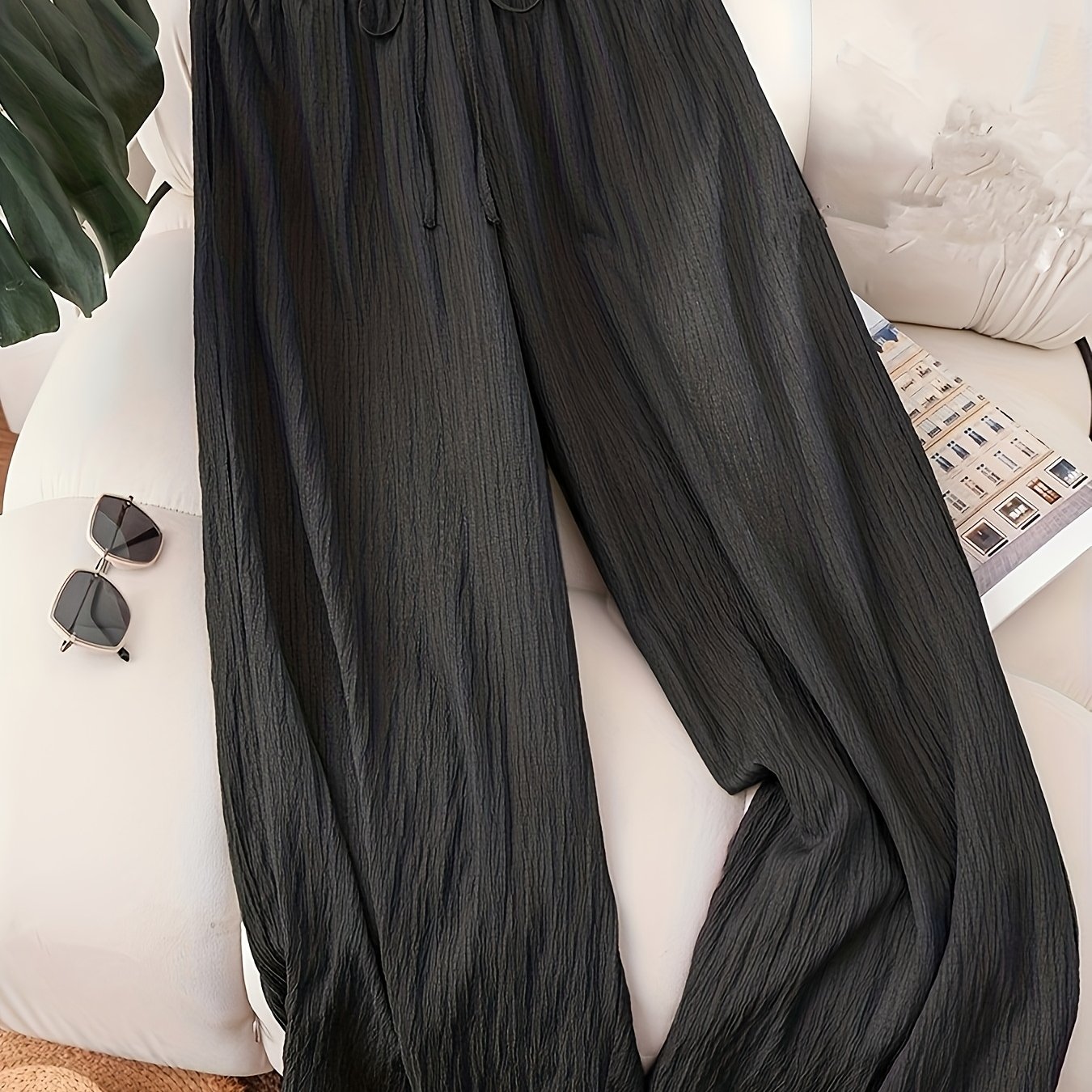 TEMU A Women's Casual Pants For Spring And Summer, Fashionable Drawstring Straight-leg Trousers, Solid-color Casual Long Pants For Women
