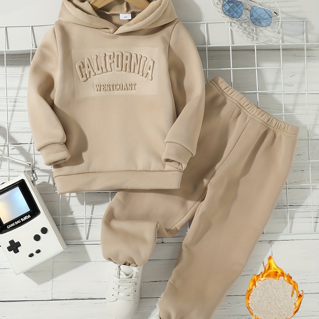Image of Boys' Fleece Hooded Set, 3d Embossed Hooded Sweatshirt And Ankle Sweatpants, Warm And Comfortable, Ideal Outdoor Gift, For Outdoor, Sporty Style, For Sports
