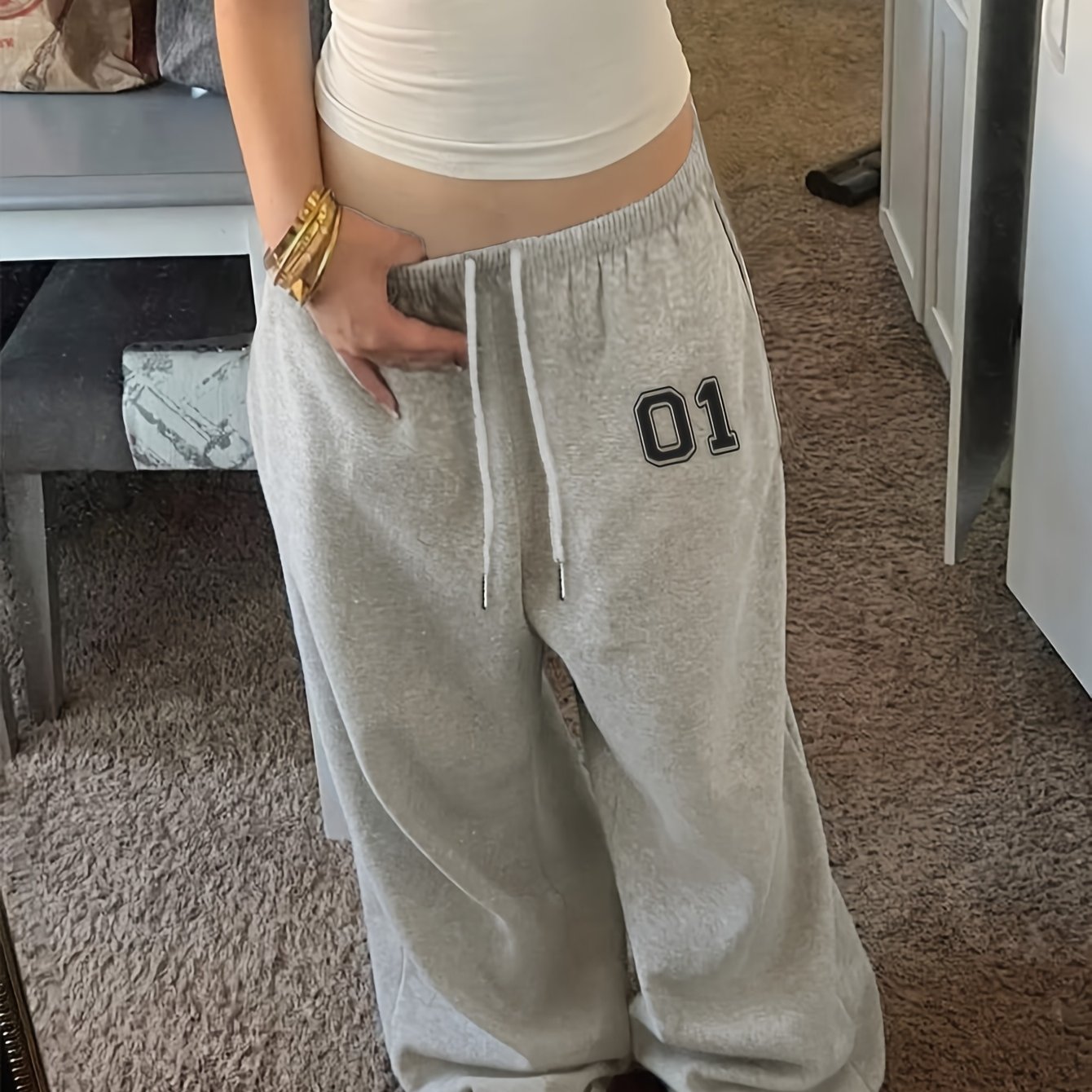 TEMU Women's Number 01 Printed Trendy Cool Fashionable Casual Relaxed Fit Hip-hop Street Style -lined Versatile Autumn/winter Long Pants Sweatpants