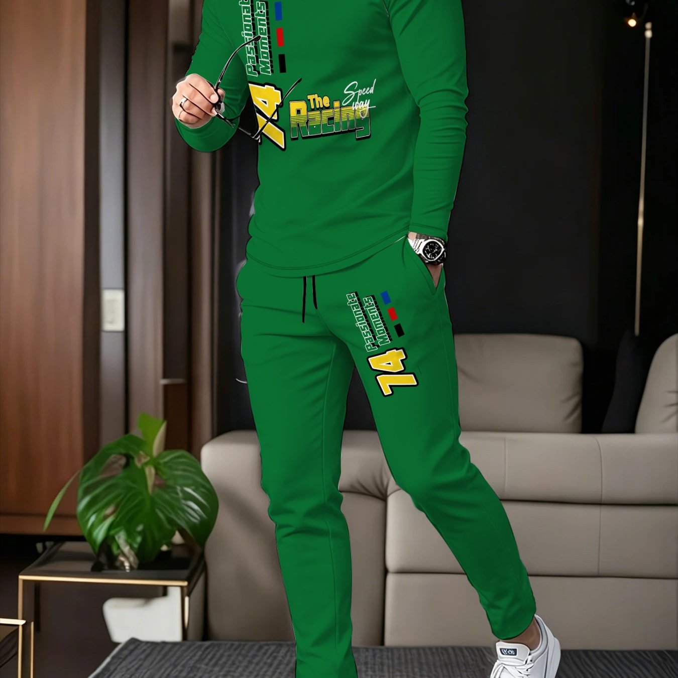 TEMU Men's Casual Sportswear 2pcs Printed Long Sleeve Top And Long Pants Suit For Daily Outdoor Wear Comfortable Male Outfit
