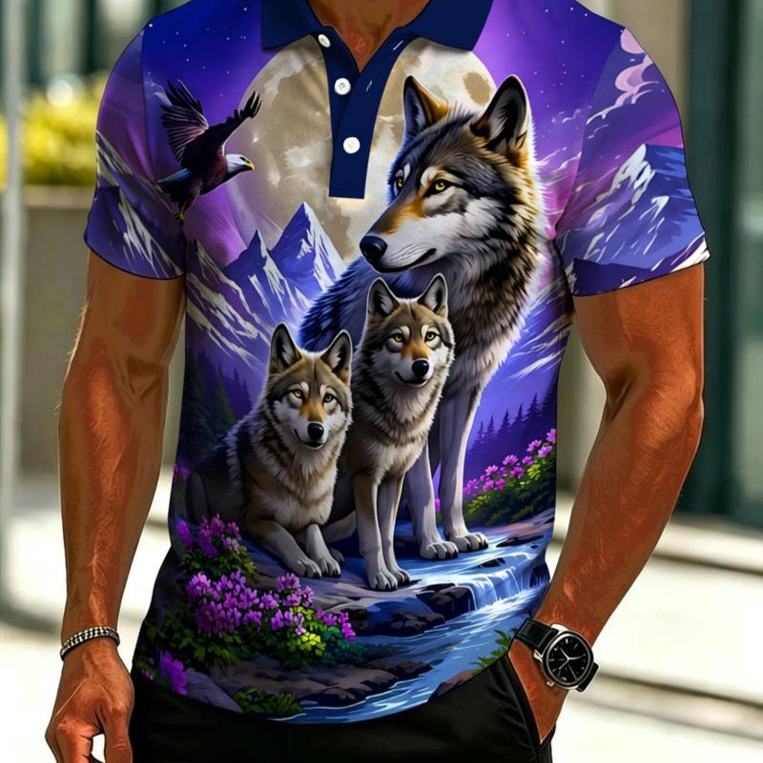 TEMU Men's Novelty Shirt, Mixed Color, Multiple Specifications ,, Featuring Vibrant Wolf & Eagle Night Landscape Print, Stylish & Magical Wilderness