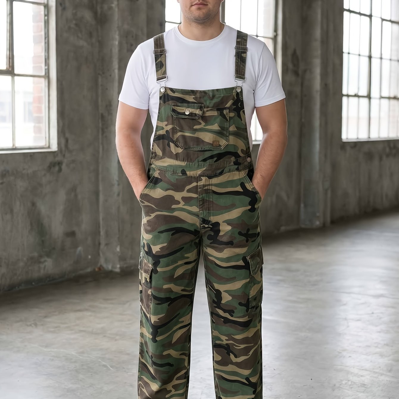 TEMU Hme-men's Camouflage Pants - Oversized, Relaxed Straight- - Outdoor Casual Pants Featuring A Multi-pocket Workwear Design And Adjustable