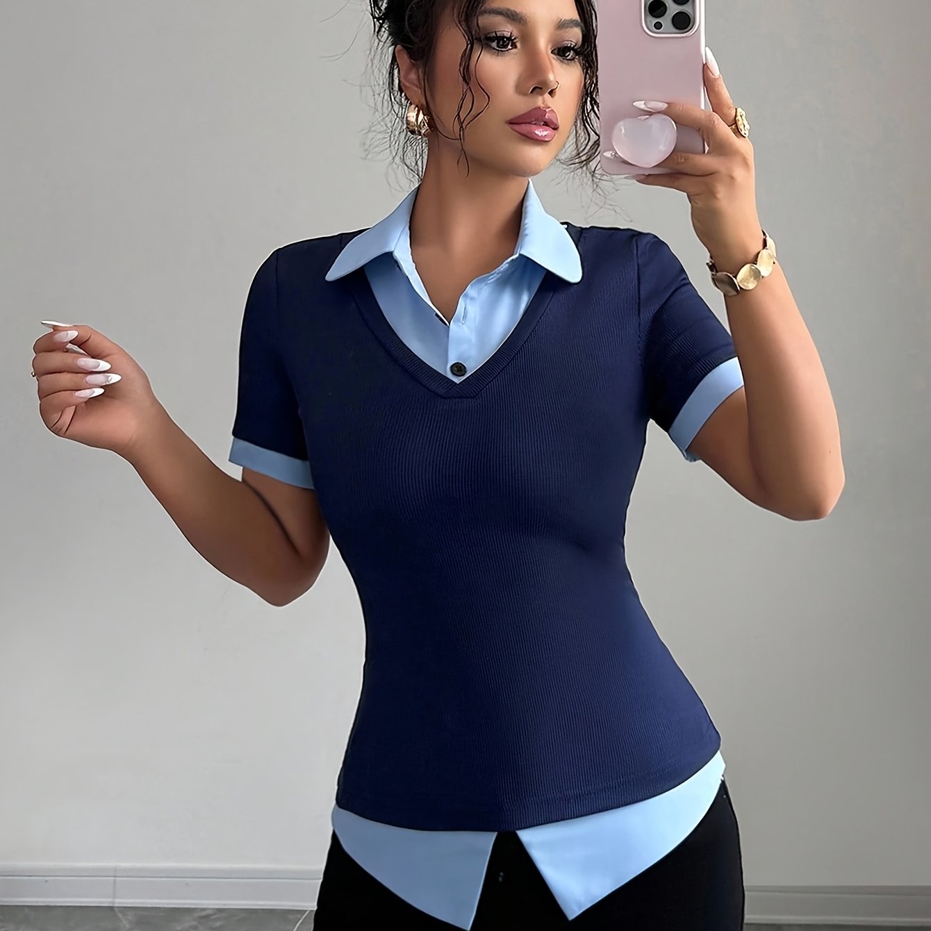 E-shop Damen T-Shirt mit Farbblock-Applikation, , schmale Passform, lässig, kurzärmelig