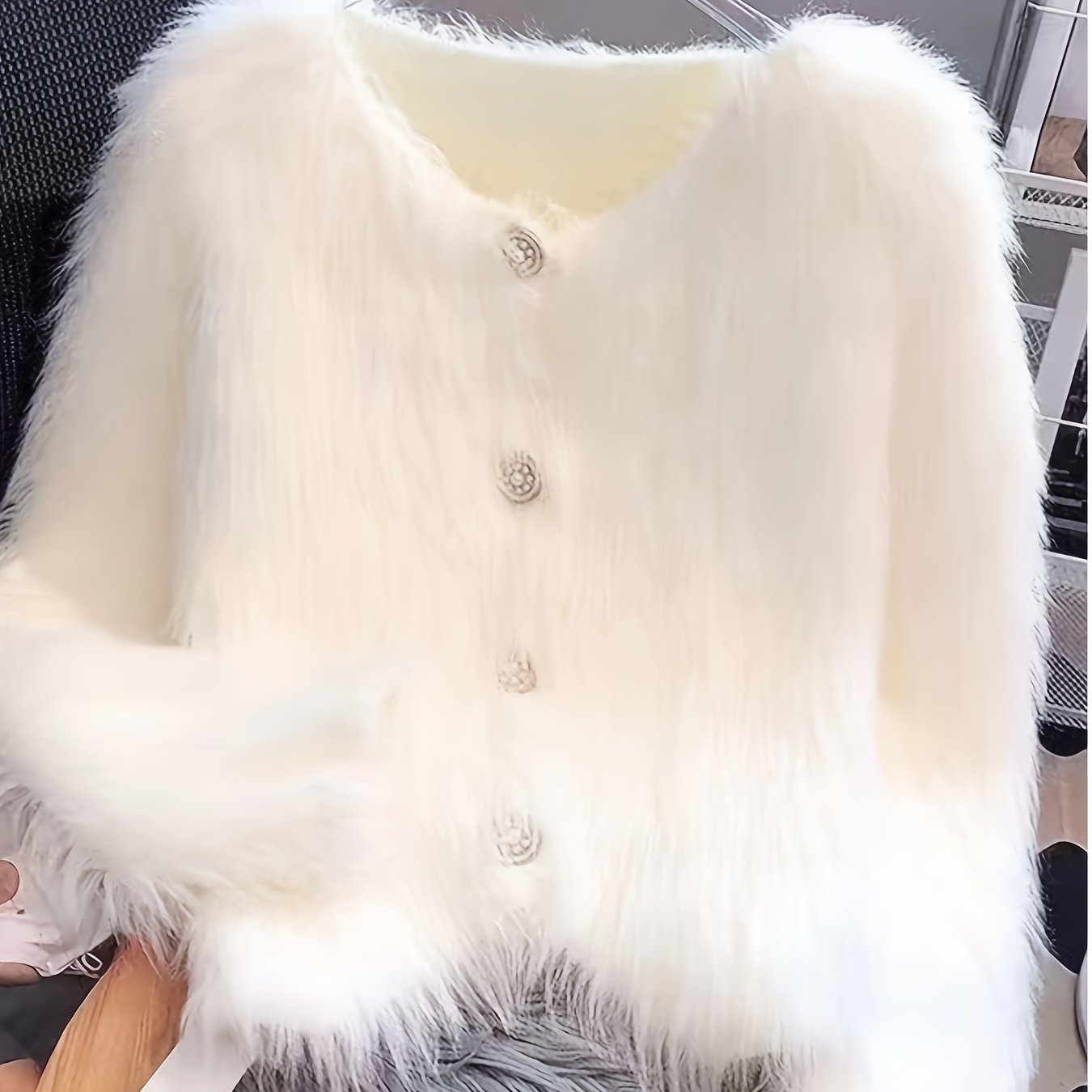 TEMU White Short Trim Autumn Winter Cardigan Coat For Women, V-neck With Buttons, Soft And Skin-friendly, Daily Wear, , , Christmas, Light Luxury Texture, Colors: White And Pink