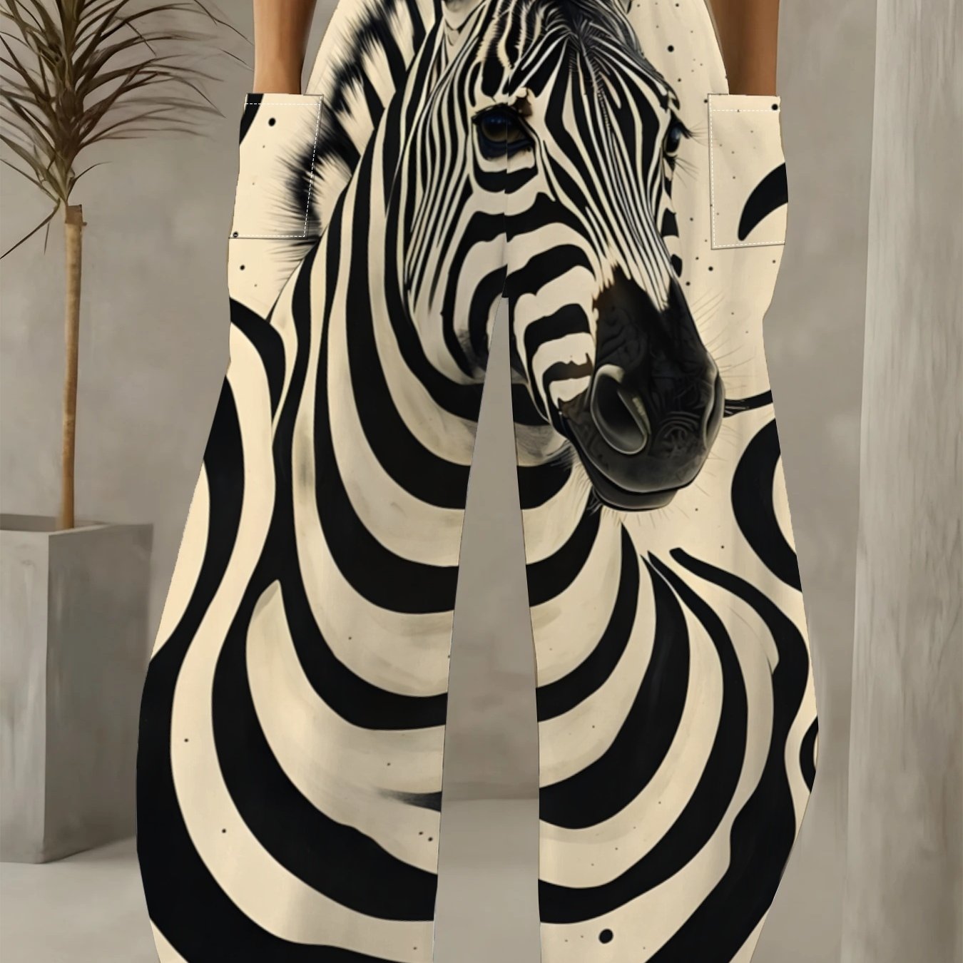 TEMU High-waisted Wide-leg Pants With Unique Zebra Head Print, Side Is Trendy And , And Not Picky About Body Shape, Suitable For Daily Leisure And
