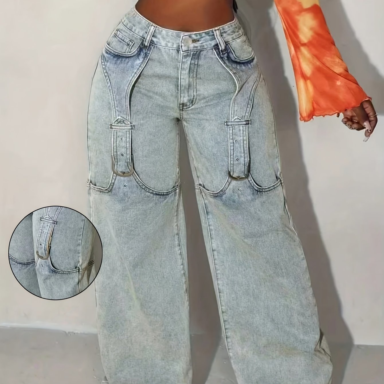 Image of New Plus Size Womens Jeans Casual Daily 2pcs Loose Wide Leg Jeans Washed Distressed Denim Wide Leg .1xl-4xl