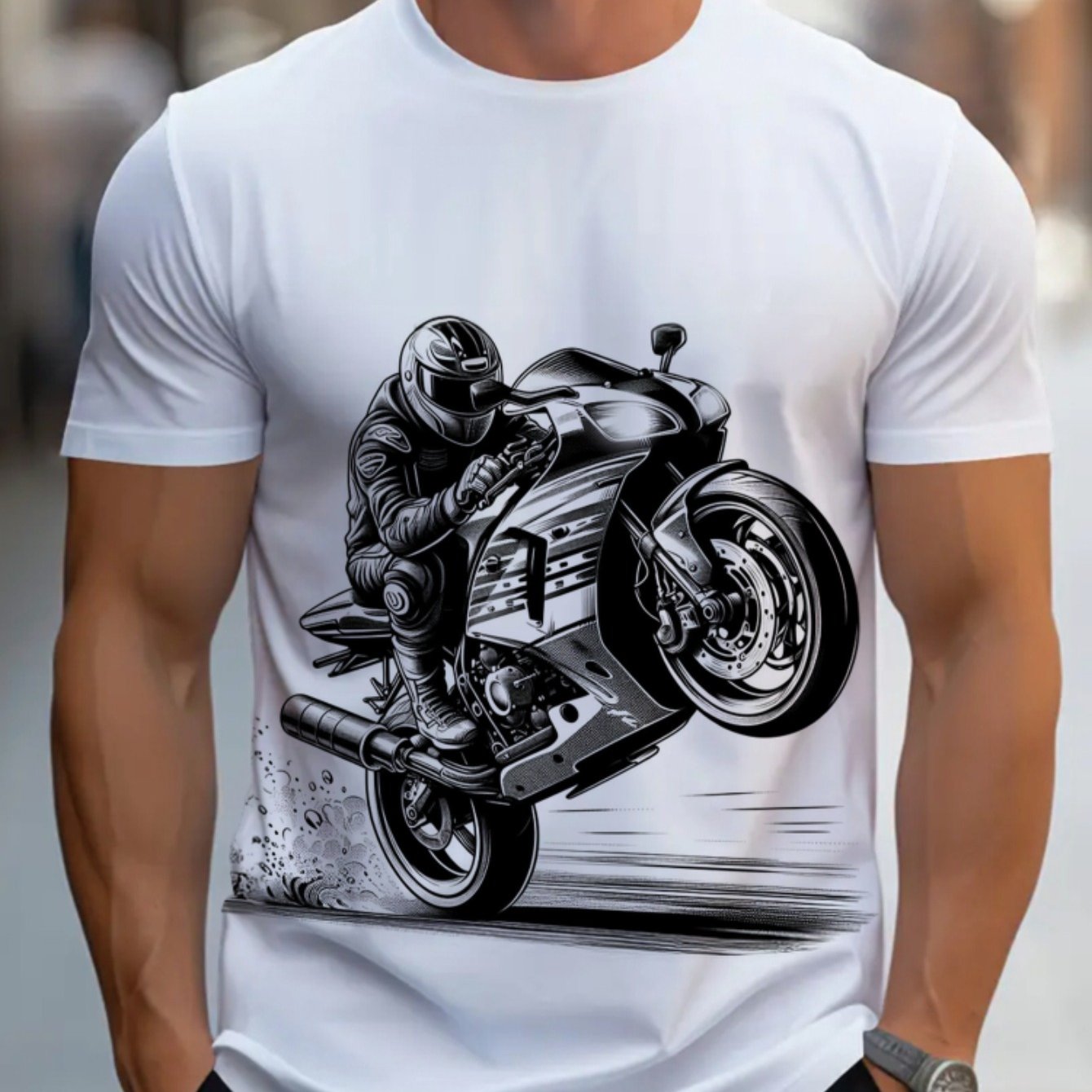 TEMU Men's Motorcycle-themed Short Sleeve T-shirt - Motorcycle Rider & Print, Lightweight Breathable Summer Riding Apparel, Casual Streetwear For -