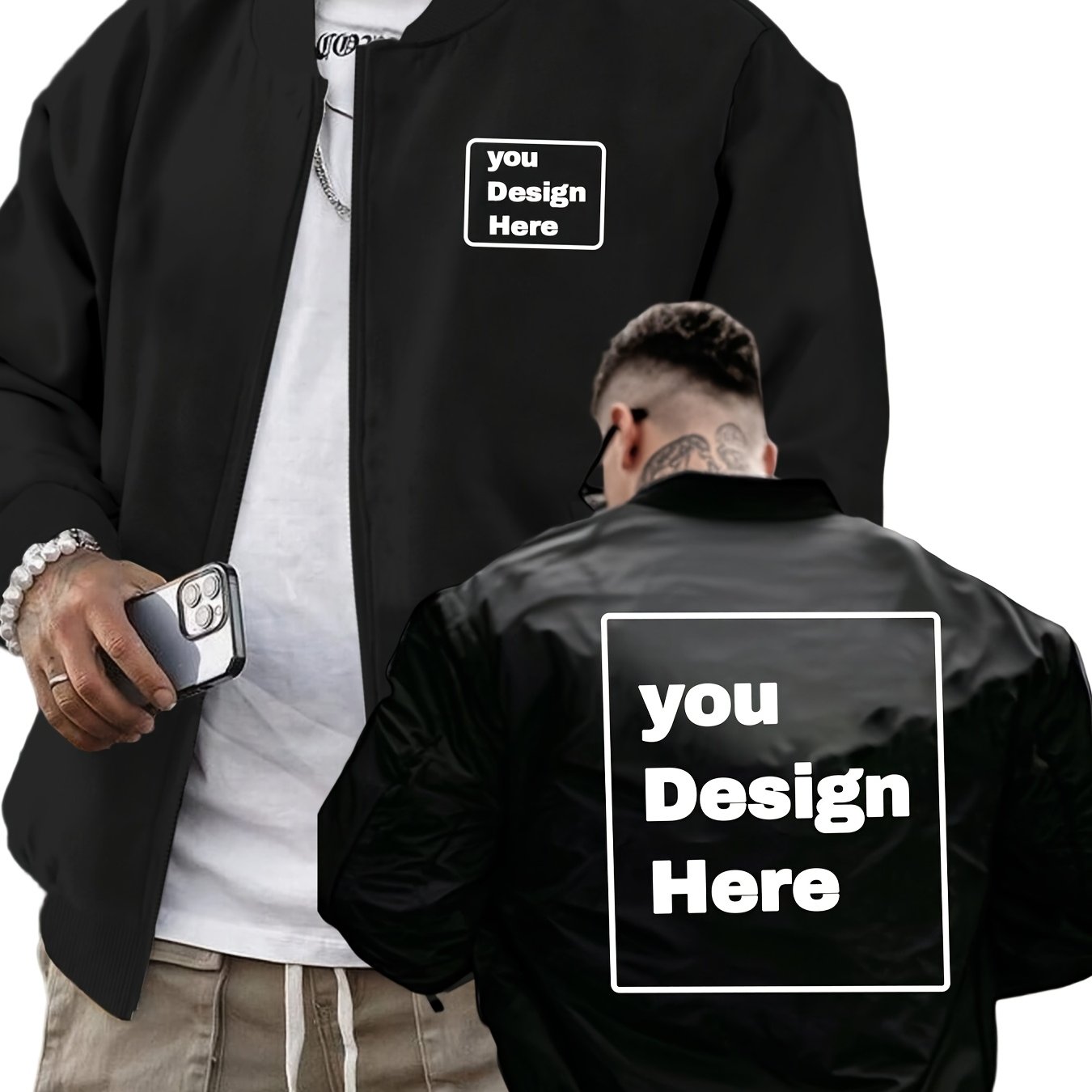 TEMU Men's Trendy Casual Fashion Sports Jacket With Custom Hot Stamping On The Front And Back, Double-sided Print Baseball Jacket