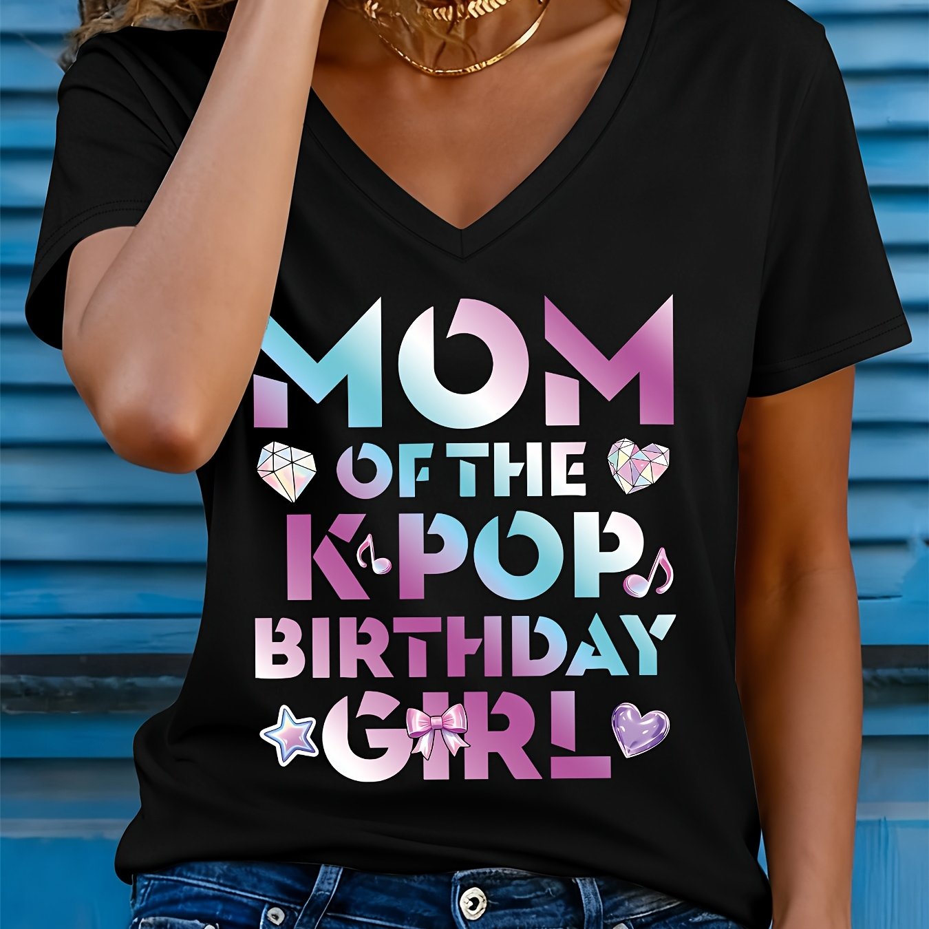 TEMU Women's K- Mom T-shirt - "mom Of The Kpop Birthday " Gradient Letter Print V-neck Short Sleeve Top, Casual Korean Fashion Gift Suitable -