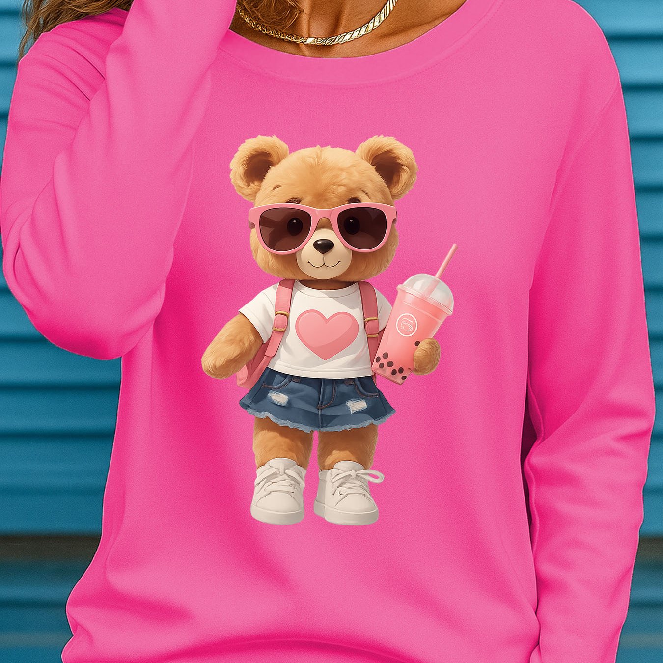 TEMU Women's Plus Size Oversized Teddy Bear Print T-shirt - Cute Round Neck Long Sleeve Blouse, Fall/winter Top, Machine Washable Comfortable Casual