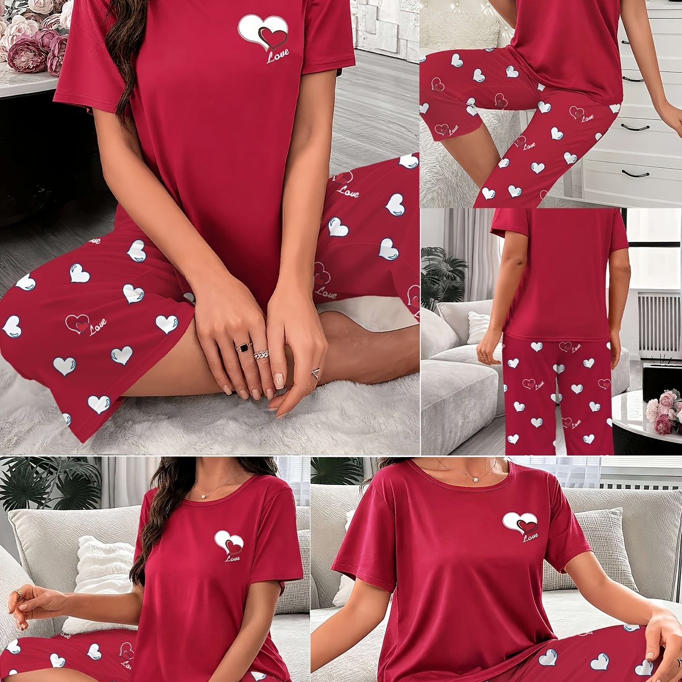 TEMU Women's 2pcs Pajama Loungewear Set, Casual Sleepwear Set, Comfortable Pajama Home Set, Comfortable For Home Use, Heart-themed Pajama Set, Loose