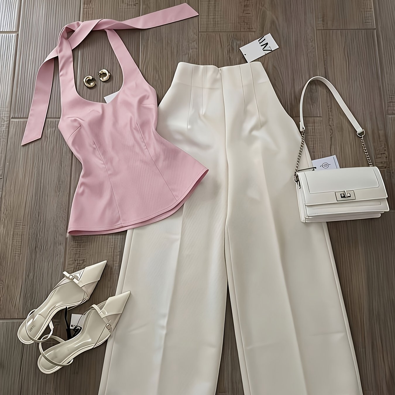 TEMU Gentle Look Halter Top And Wide-leg Pants 2pcs Set For Women, High-waist Draped Casual 2pcs Set For Daily Commuting Wear Ns702
