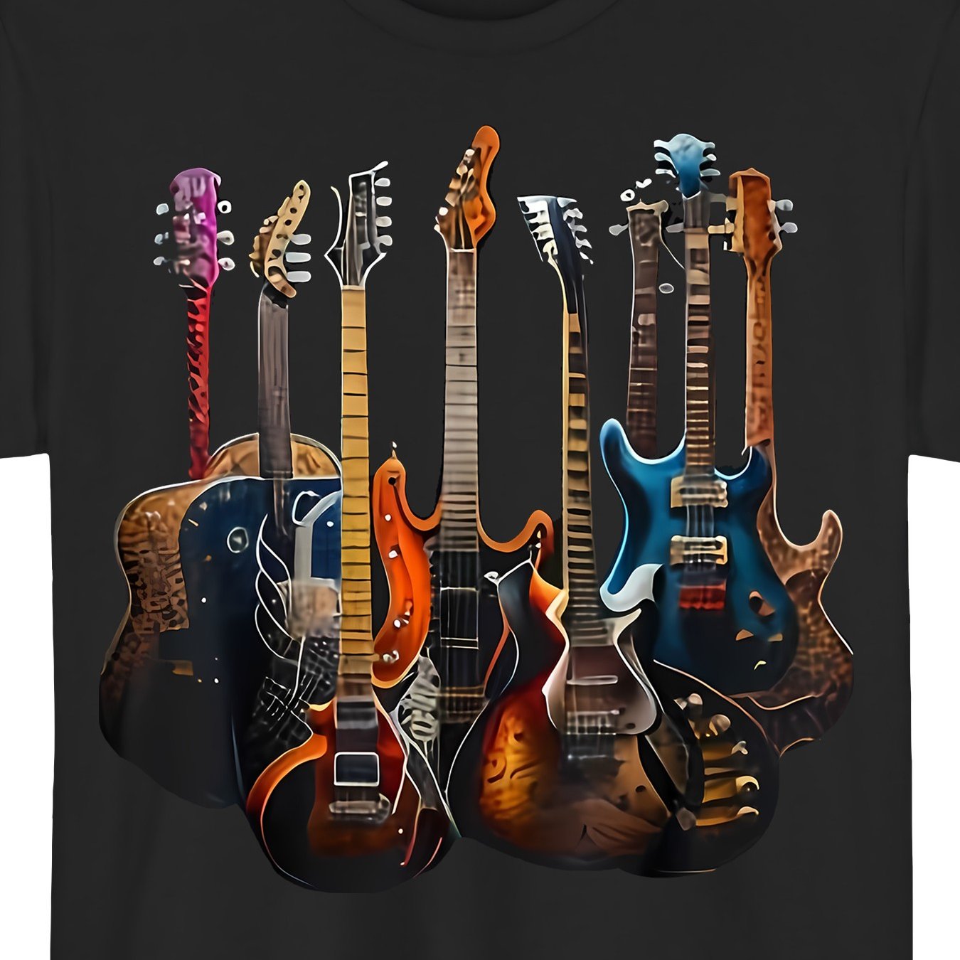 TEMU Men's Guitar Graphic T-shirt - Black Casual Tee With Vibrant Electric Guitar Print, Short Sleeve, Round Neck, Perfect Gift For Music Lovers &