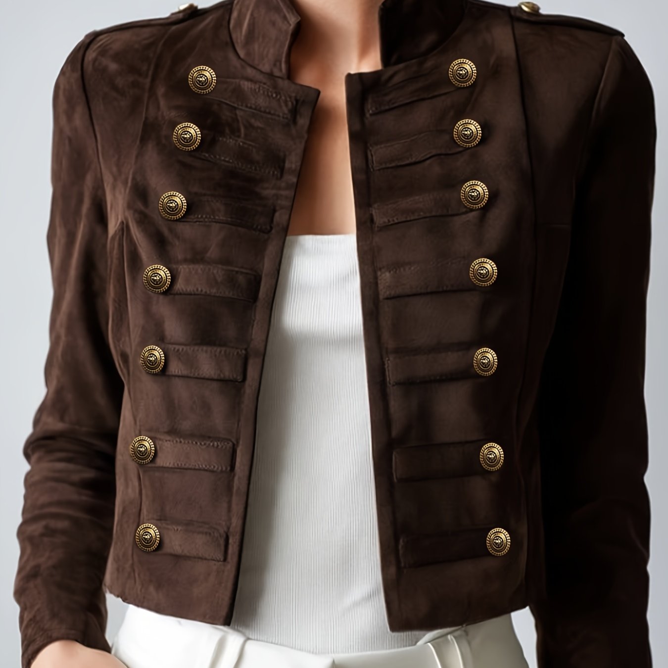 TEMU Women's 2026 Early Autumn Coat, Women's Military Collar Golden Button Short Temperament Jacket Top