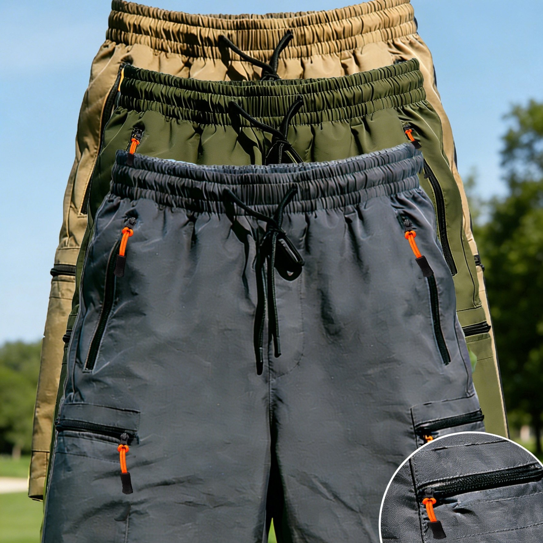 TEMU 3pcs Men's Quick-dry Shorts With Multiple Zippered Pockets And Elastic Drawstring, Suitable For Outdoor Casual Wear