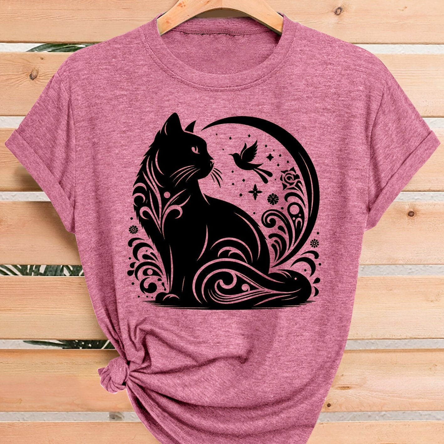 TEMU Black Cat Silhouette With , Stars, And Small Bird Print, Fashionable And Elegant Women's Casual Sporty Style Top For Spring, Summer, And Autumn,
