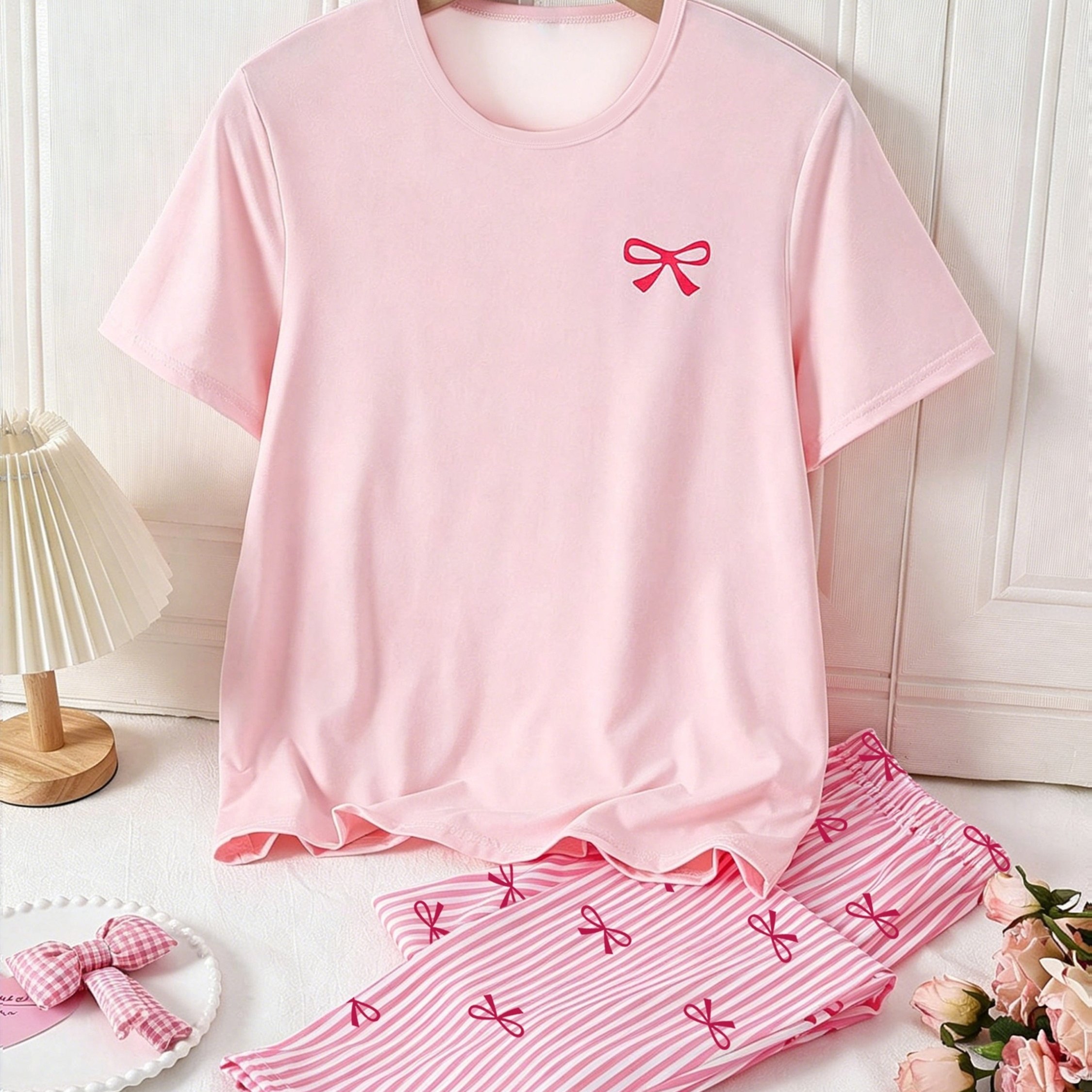 TEMU Women's Summer Pajamas With Short Sleeves And Long Pants, Simple Striped Bow Print, Comfortable, Soft, And -friendly Fabric