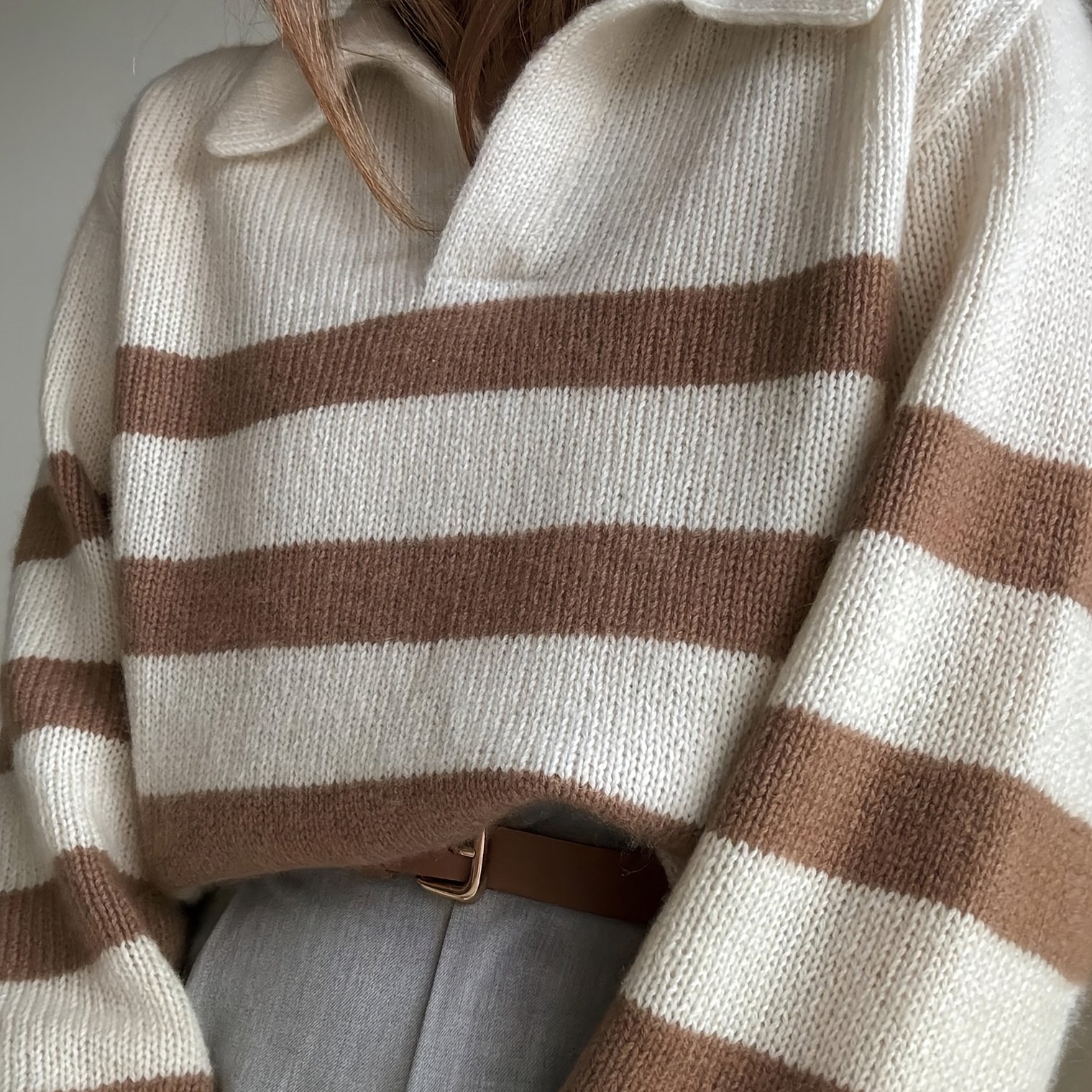 TEMU Women's Striped Sweater Long Sleeve V-neck Loose Casual Pullover Top Fall Winter Top [bzra]