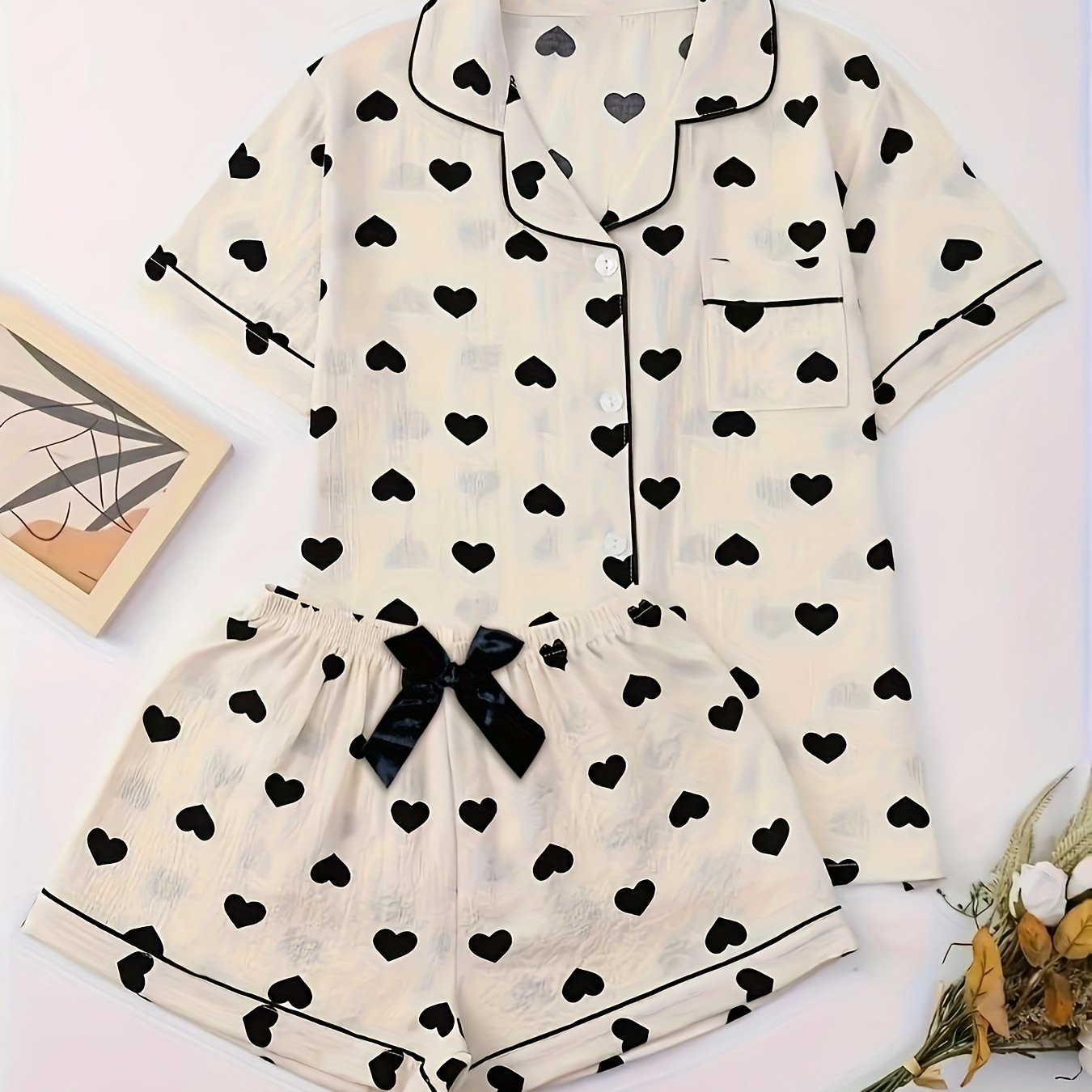 TEMU Women's 2pcs Short-sleeve Lapel Collar Pajamas - Short Shorts & Matching Shorts Sleepwear Suit With Black Heart Print & Detail - Non-stretch