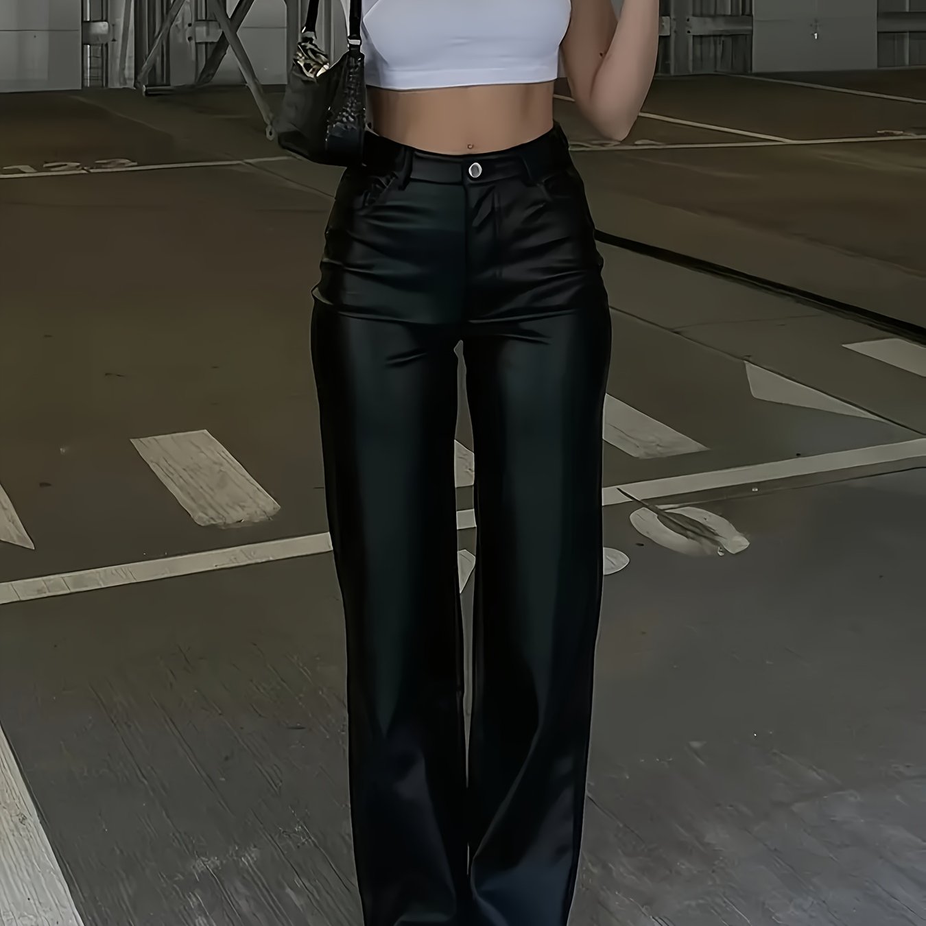 E-shop Europäische amerikanische Damenhose mit hoher Taille, lässige Hose mit geradem Bein, figurbetonte PU-Hose mit weitem Bein hoher Taille