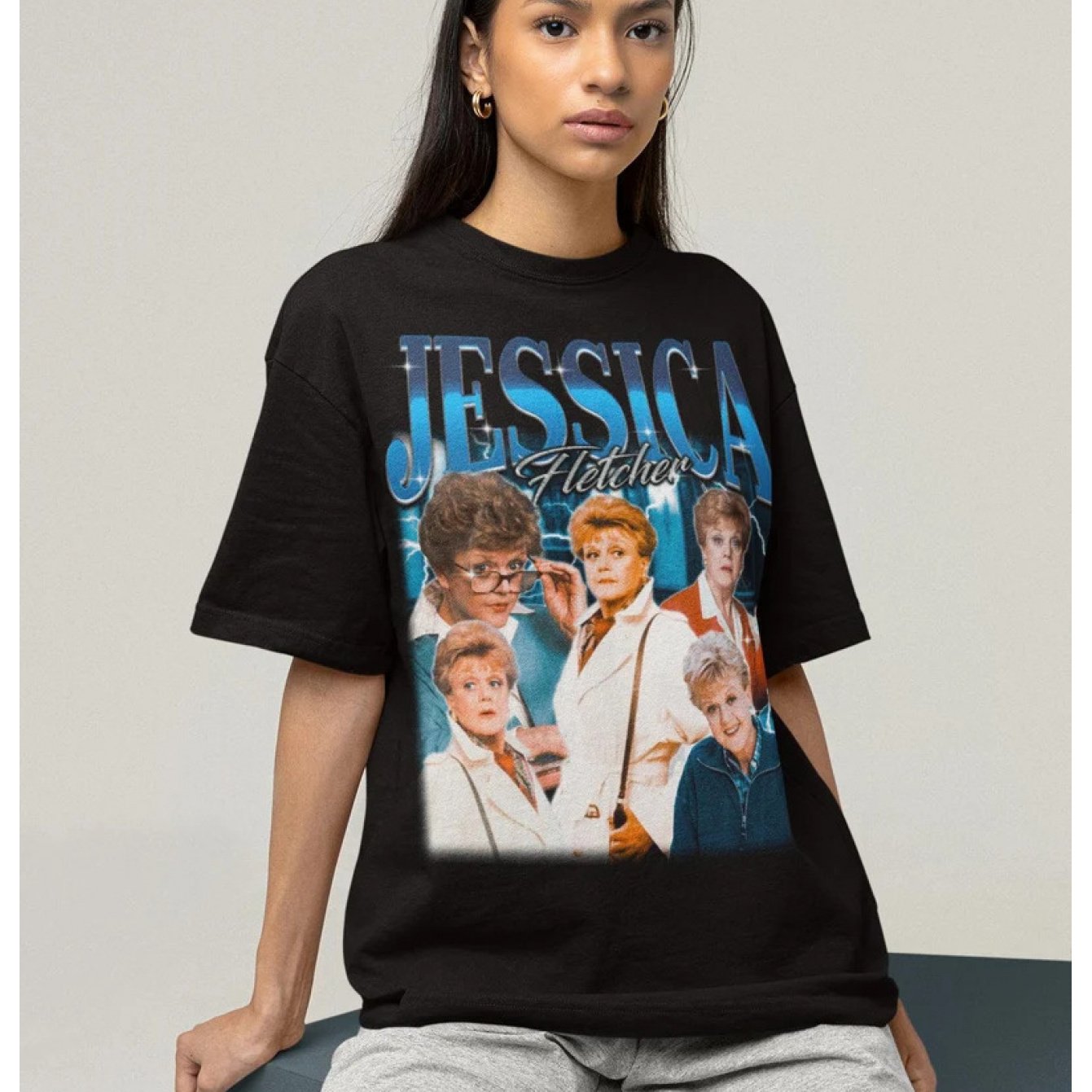 Image of 80s Retro T-shirt - Black Crew Neck Short Sleeve Tee With Colorful Jessica Fletcher Print, Casual Summer Shirt For Adults, Casual Attire Design