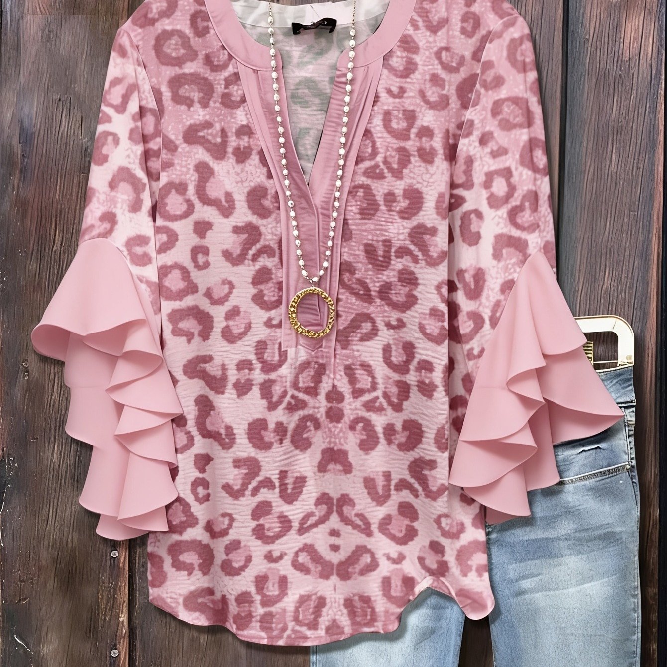Plus Size, Plus Size Women's All-print V-neck Three-quarter Sleeve Shirt Fashionable Leopard Print Machine Washable Top Comfortable And Elegant Simple Shirt
